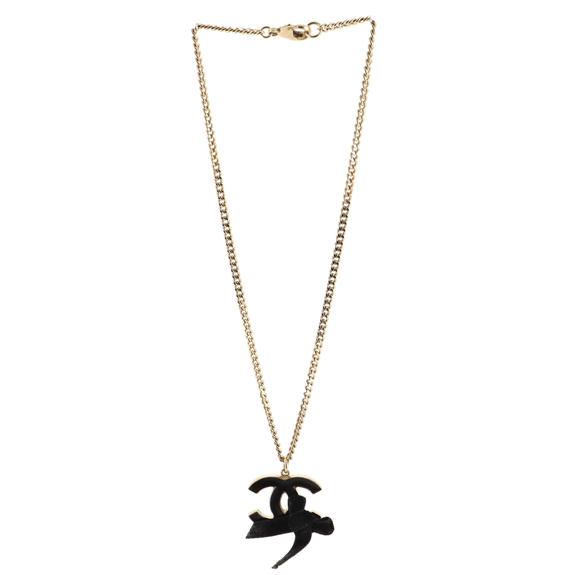 CC Ribbon Pendant Necklace Metal with Enamel and Velvet