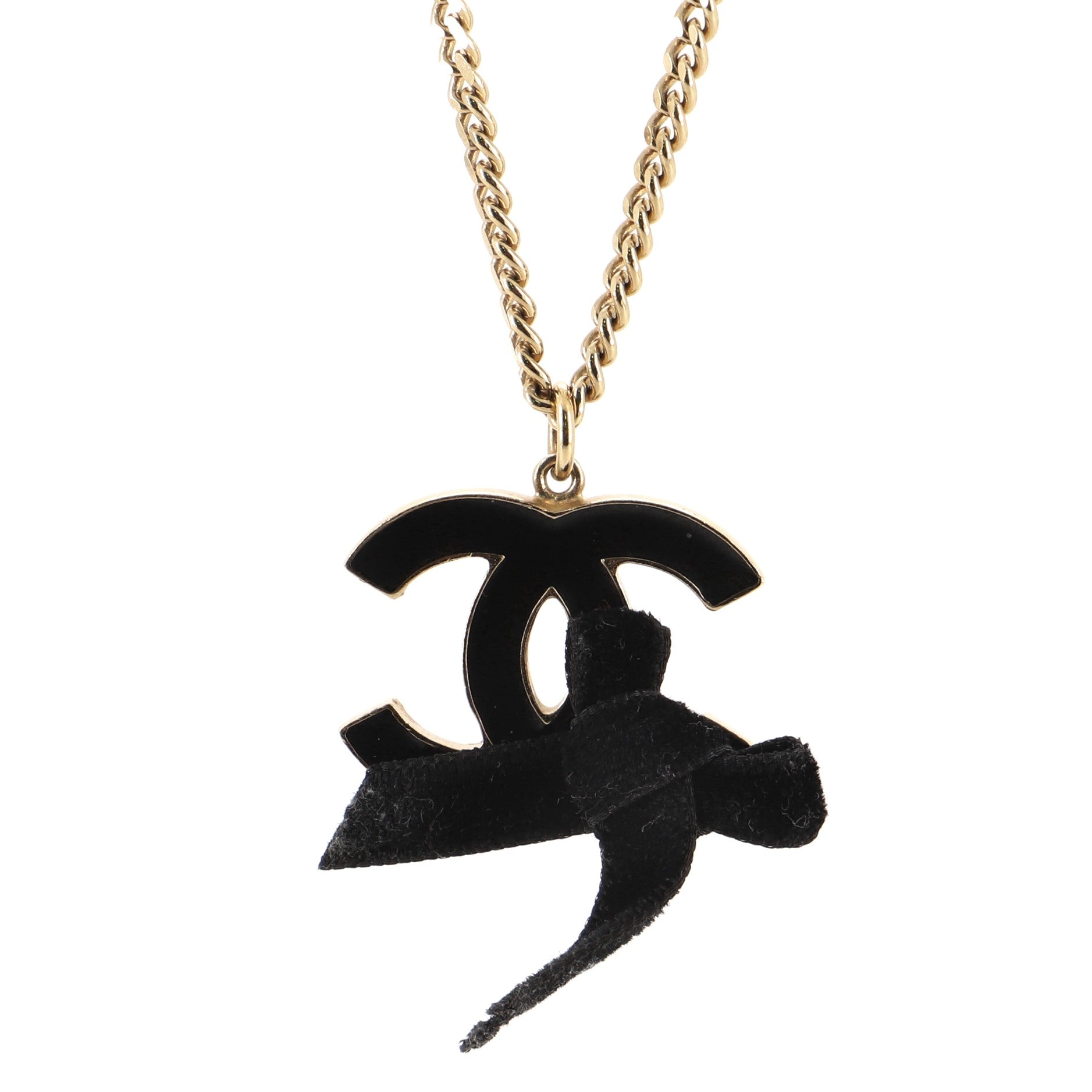 CC Ribbon Pendant Necklace Metal with Enamel and Velvet