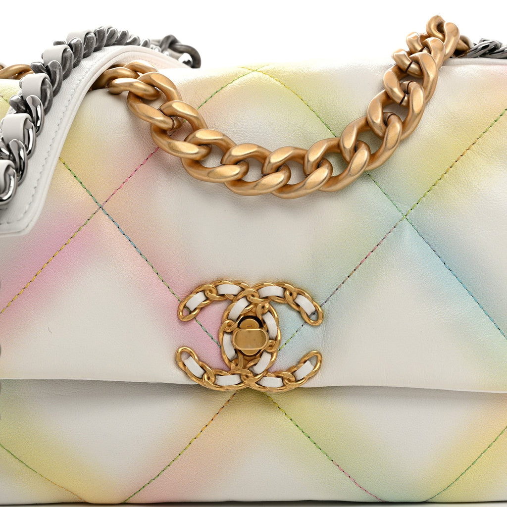 Printed Goatskin Quilted Medium Chanel 19 Flap White Multicolor