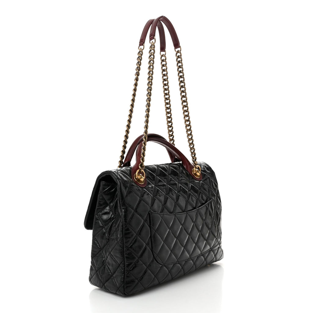Glazed Calfskin Castle Rock Large Flap Black Burgundy