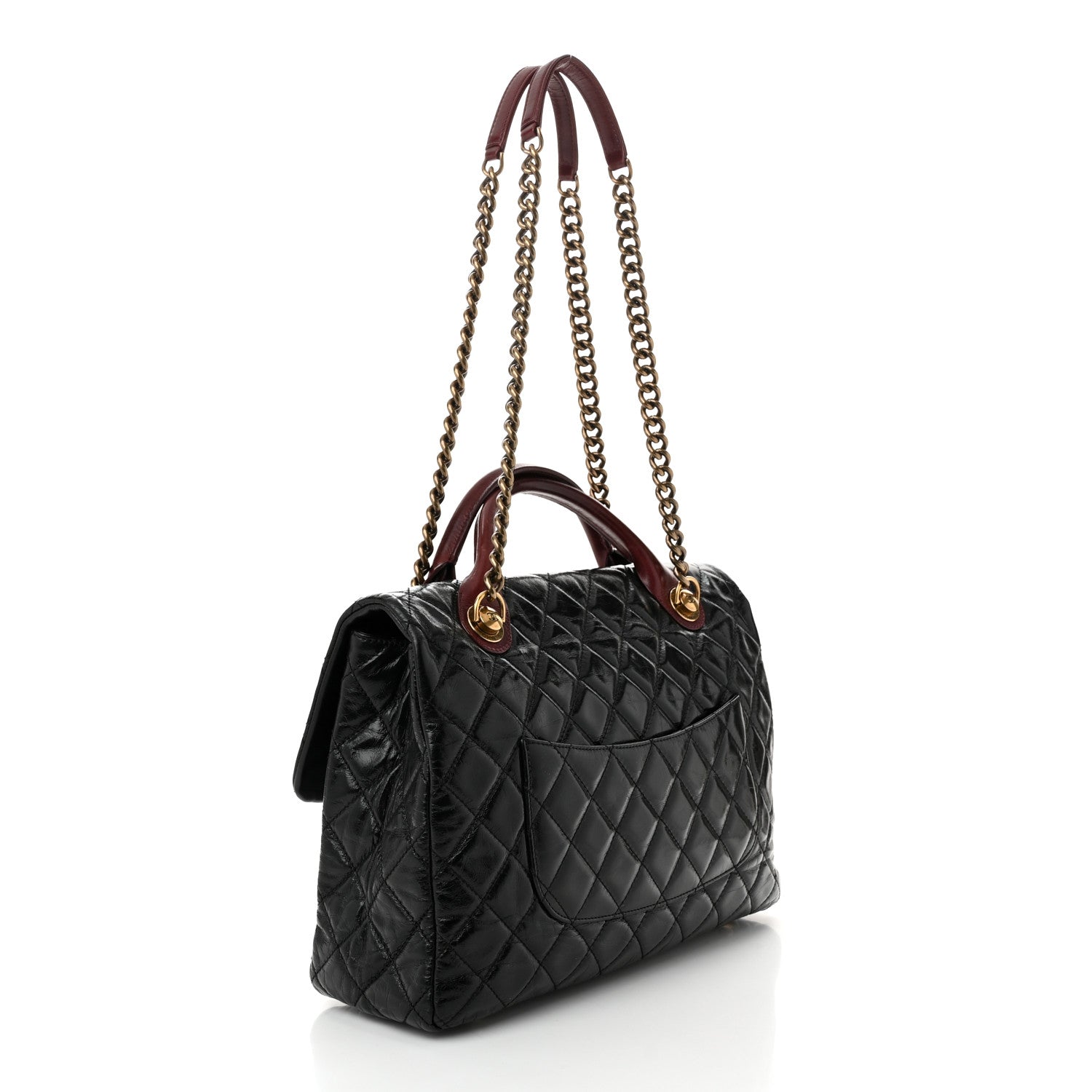 Glazed Calfskin Castle Rock Large Flap Black Burgundy