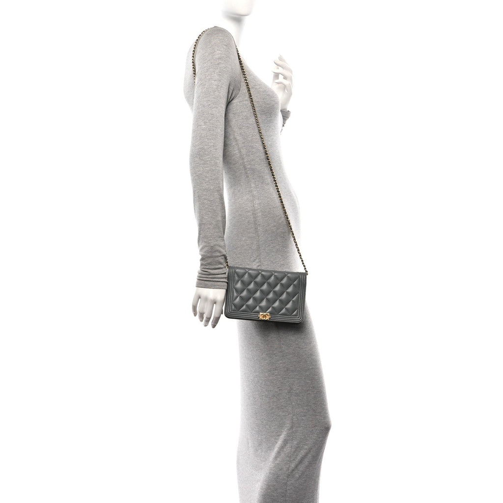 Lambskin Quilted Boy Wallet On Chain WOC Grey