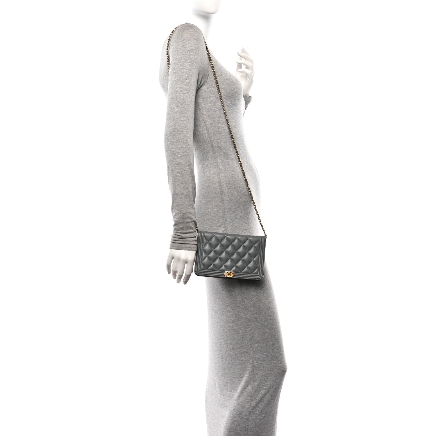 Lambskin Quilted Boy Wallet On Chain WOC Grey