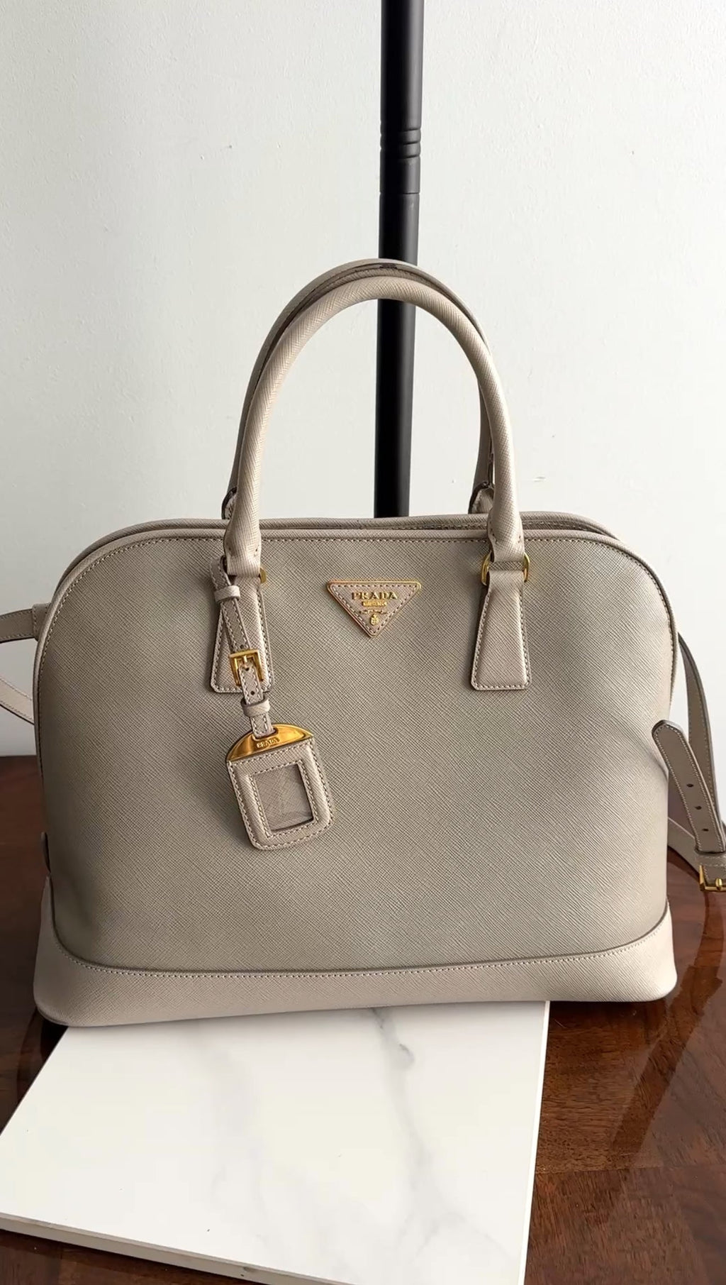 Prada Light Greige Saffiano Large Promenade Two Way Bag