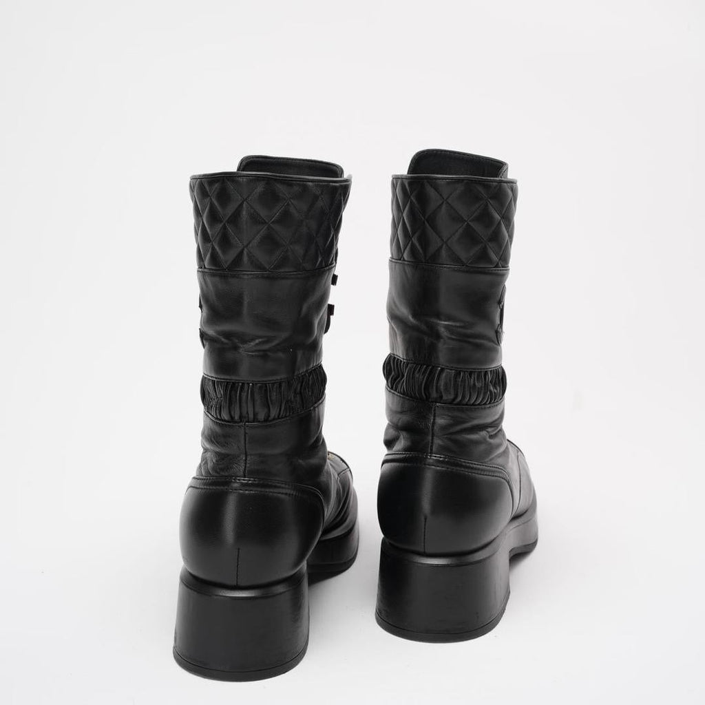 Chanel Black Lace Up Combat Boots Lambskin 39
