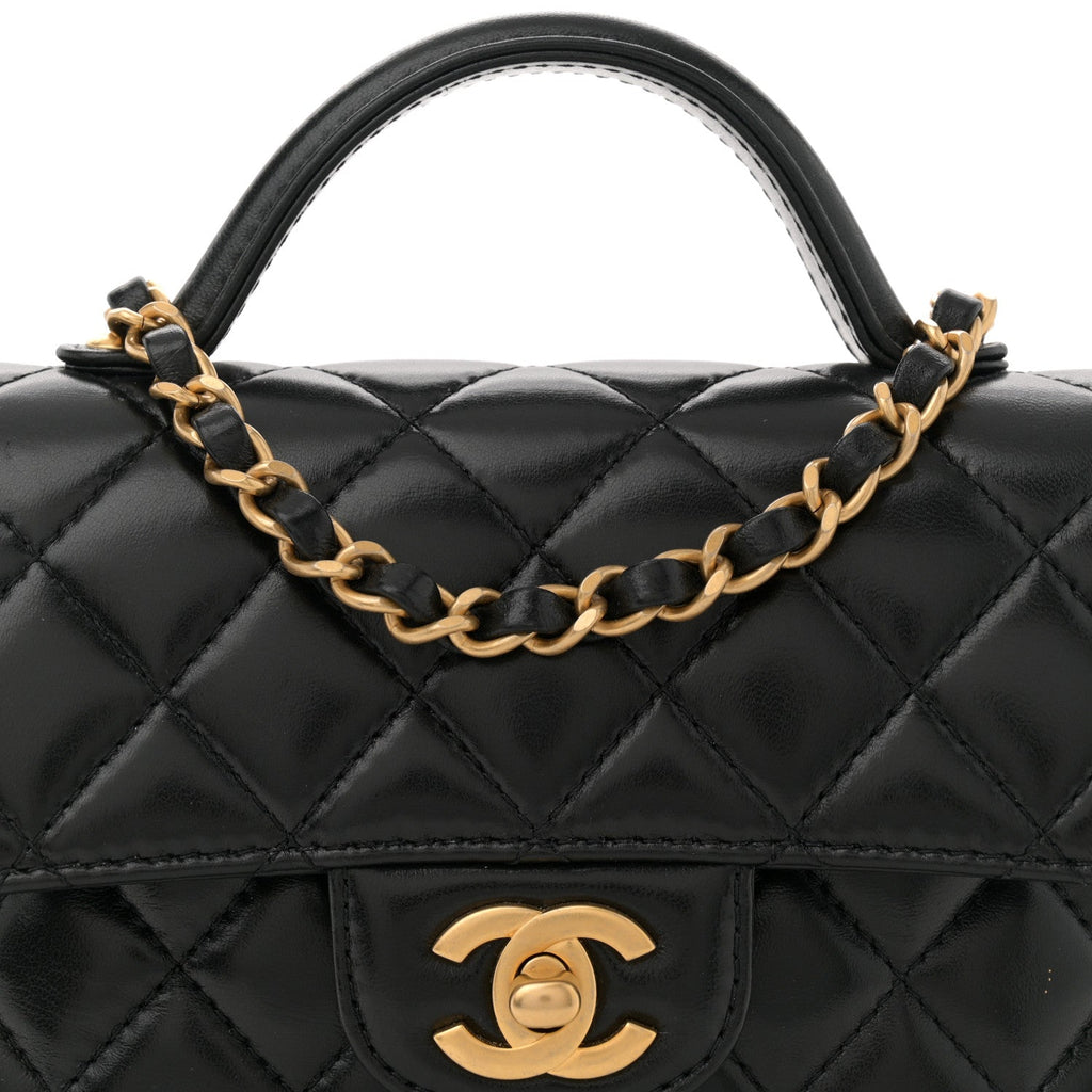 Lambskin Quilted Small Flap Top Handle Bag Black