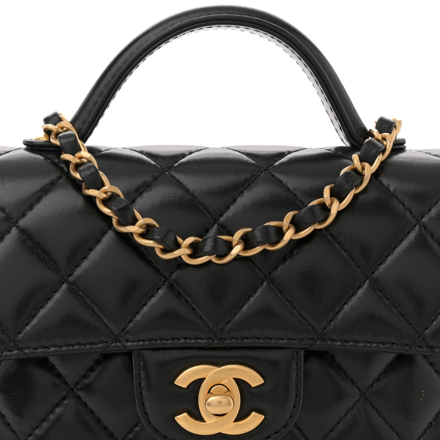 Lambskin Quilted Small Flap Top Handle Bag Black