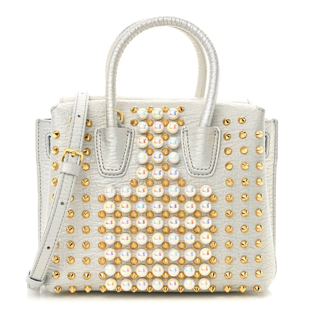 Calfskin Pearls Studded Mini Milla Tote White Flake