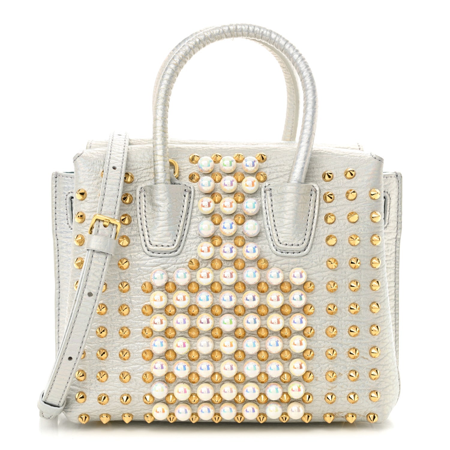 Calfskin Pearls Studded Mini Milla Tote White Flake