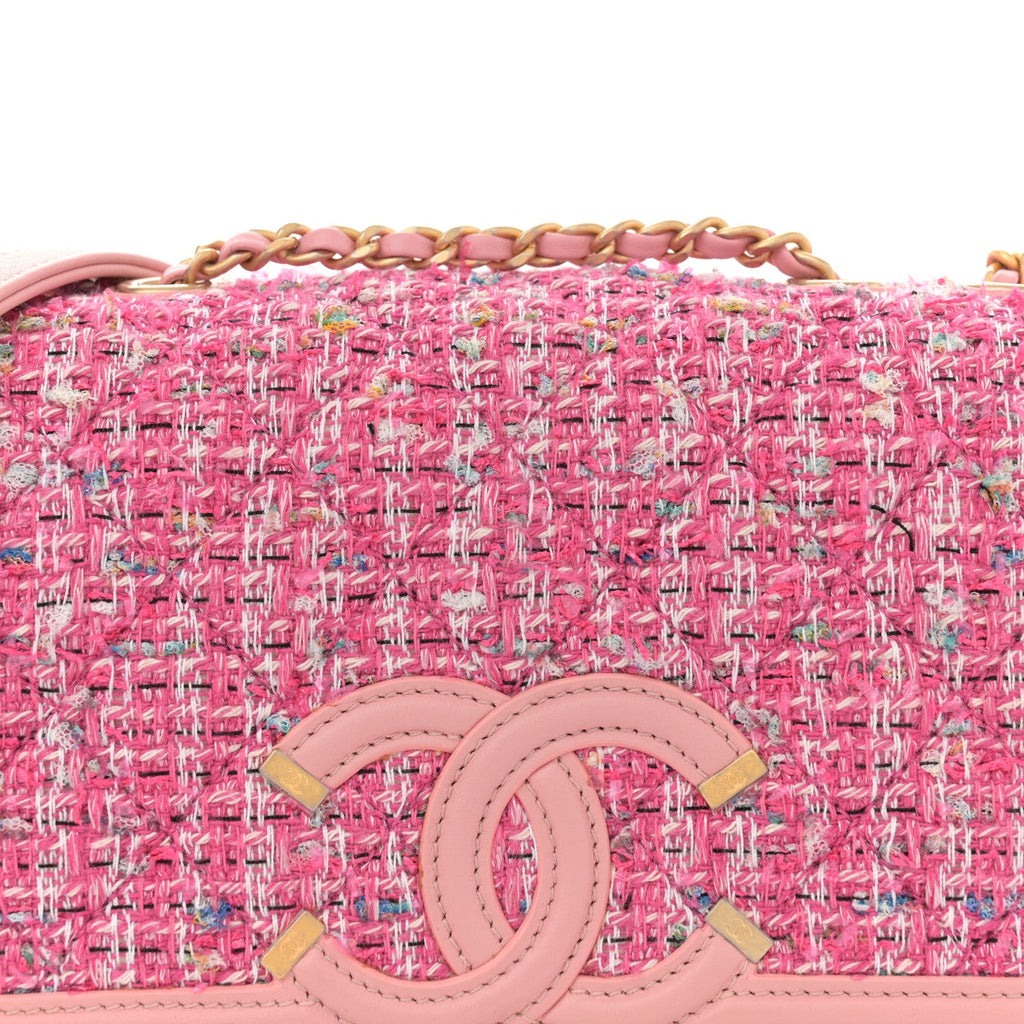 Tweed Lambskin Quilted Small CC Filigree Flap Pink