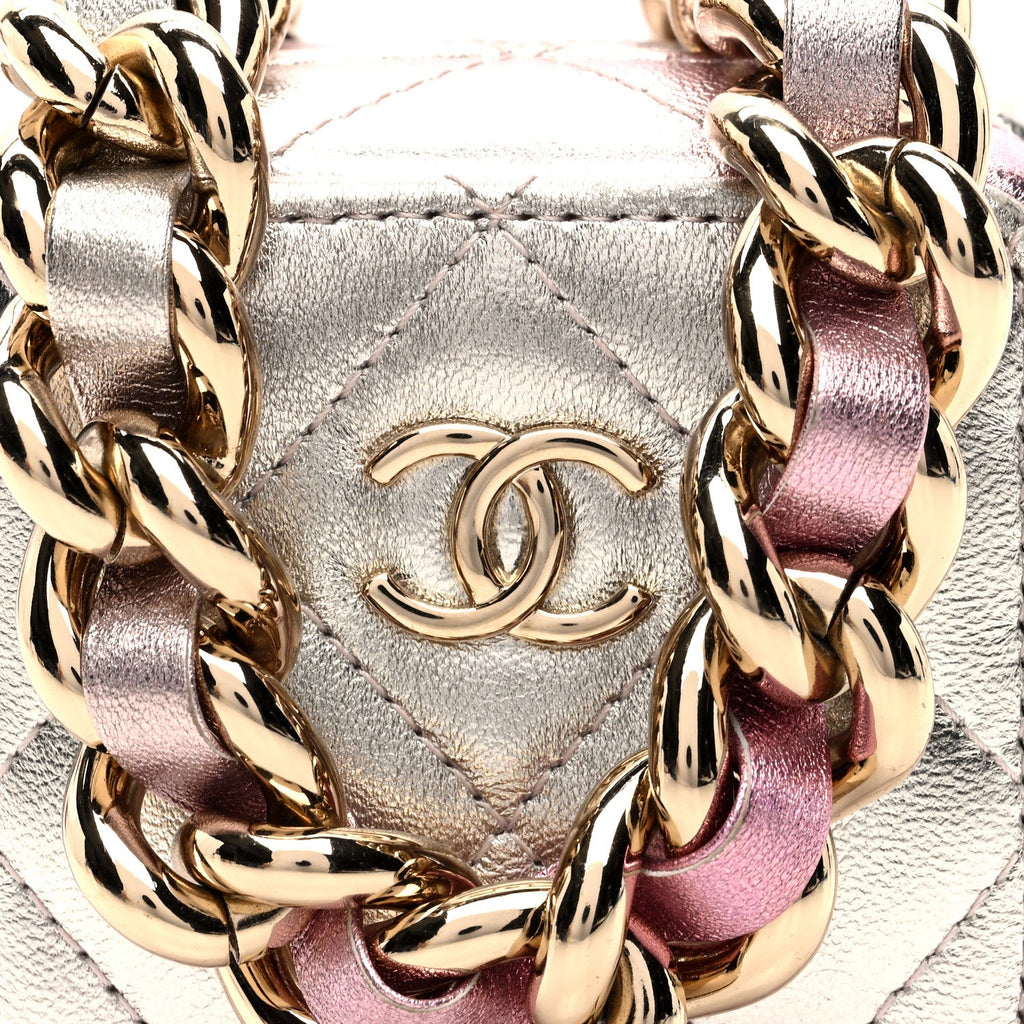 Gradient Metallic Lambskin Quilted Like A Wallet Clutch With Chain Gold Pink