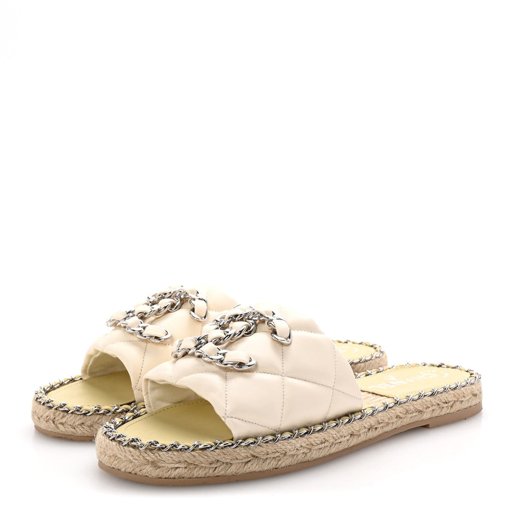 Lambskin Quilted CC Chain Espadrille Mules 37 White
