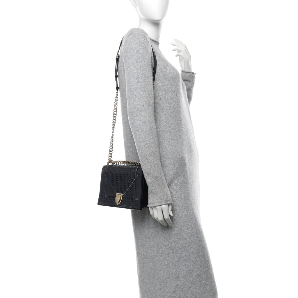 Metallic Patent Micro-Cannage Medium Diorama Flap Bag Navy Blue