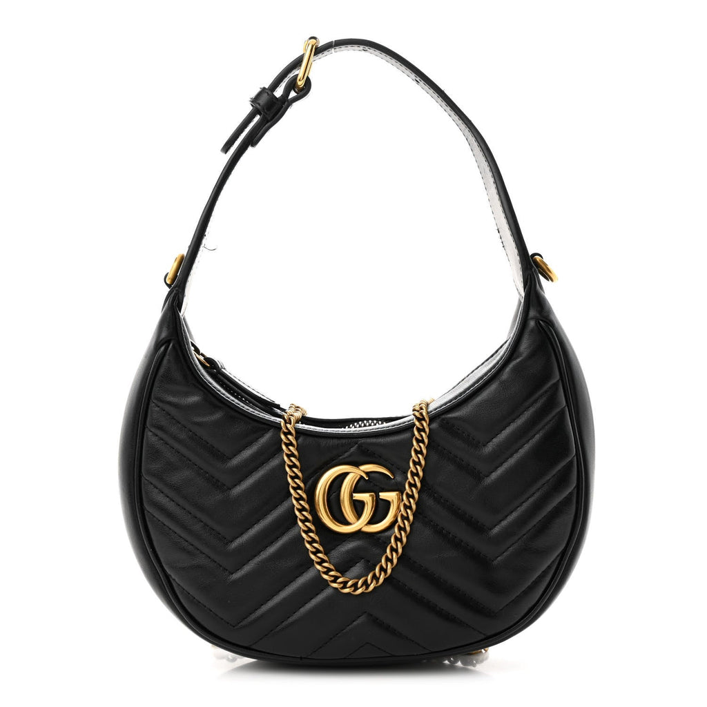 Calfskin Matelasse Chevron Mini GG Marmont Half Moon Hobo Black