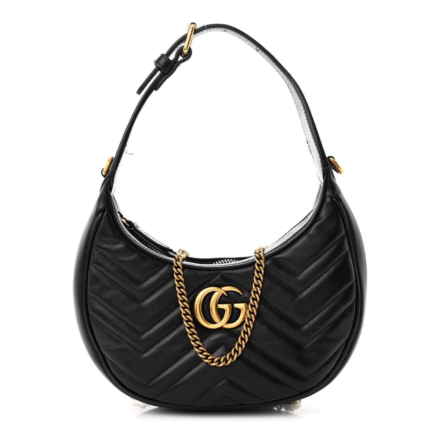 Calfskin Matelasse Chevron Mini GG Marmont Half Moon Hobo Black