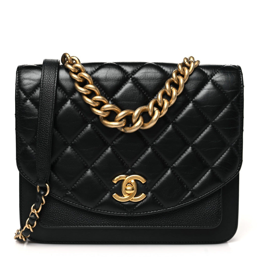 Calfskin Caviar Quilted Chain Handle Flap Black