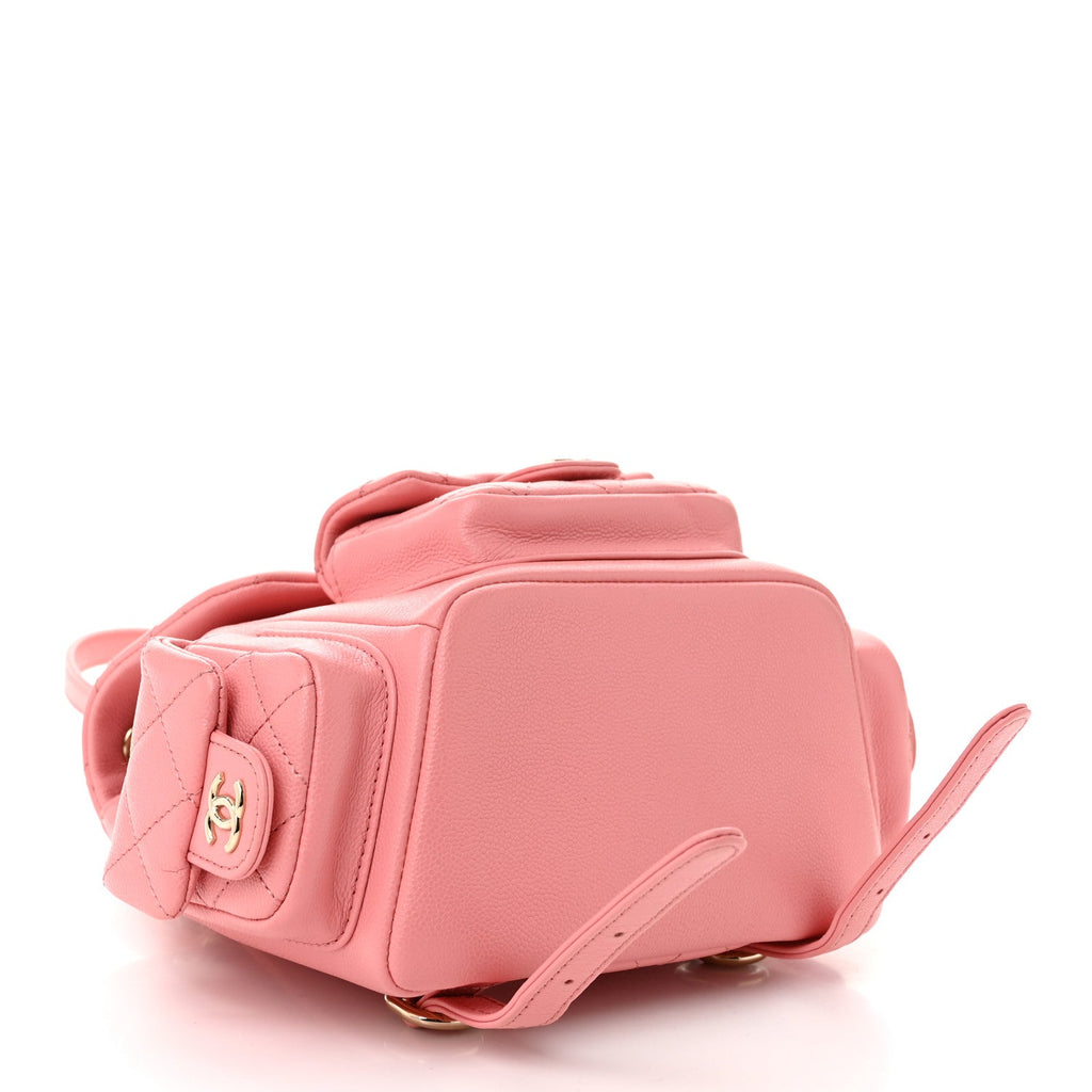Shiny Caviar Quilted Small Pockets Drawstring Backpack Pink