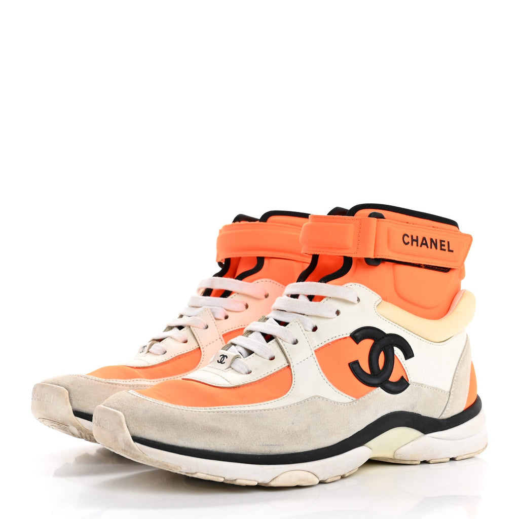 Suede Calfskin Lambskin Neoprene High Top CC Sneakers 40 White Fluo Orange