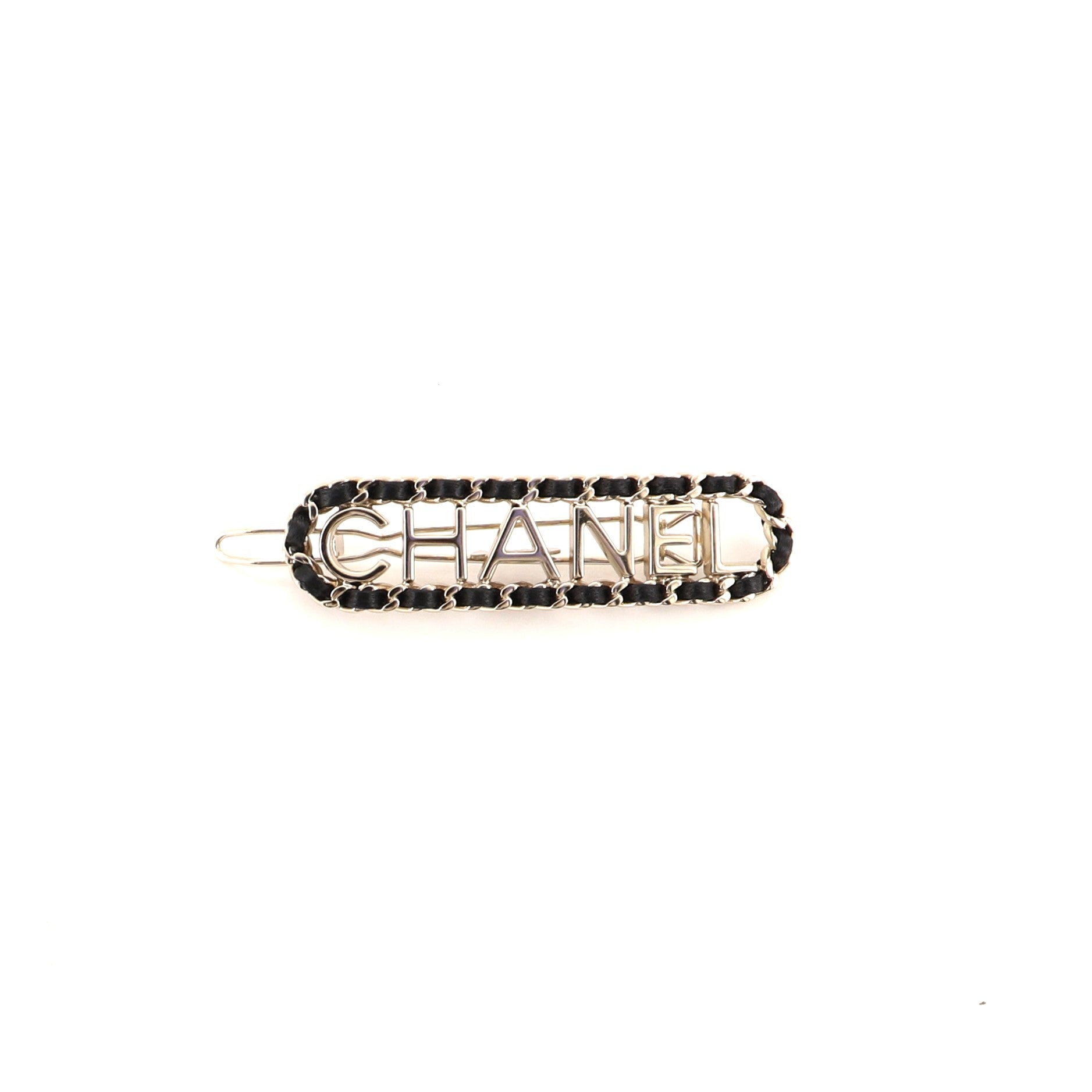 Woven Chain Logo Hair Clip Metal and Leather XS