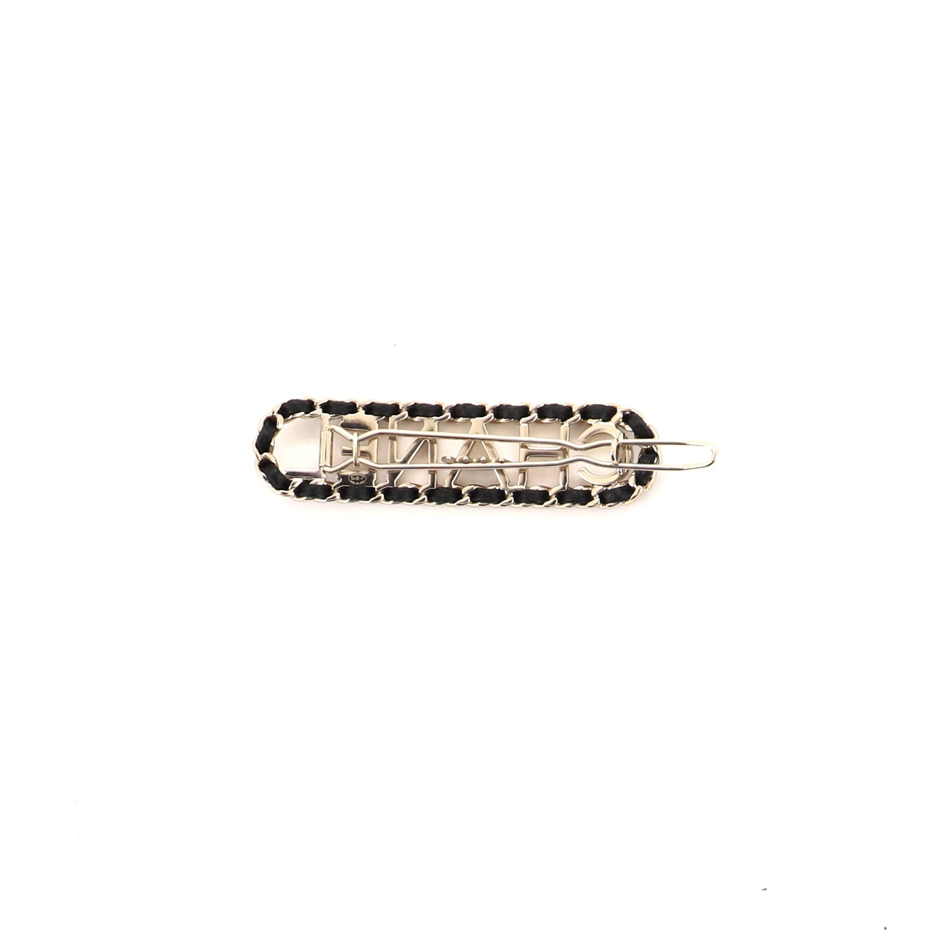 Woven Chain Logo Hair Clip Metal and Leather XS
