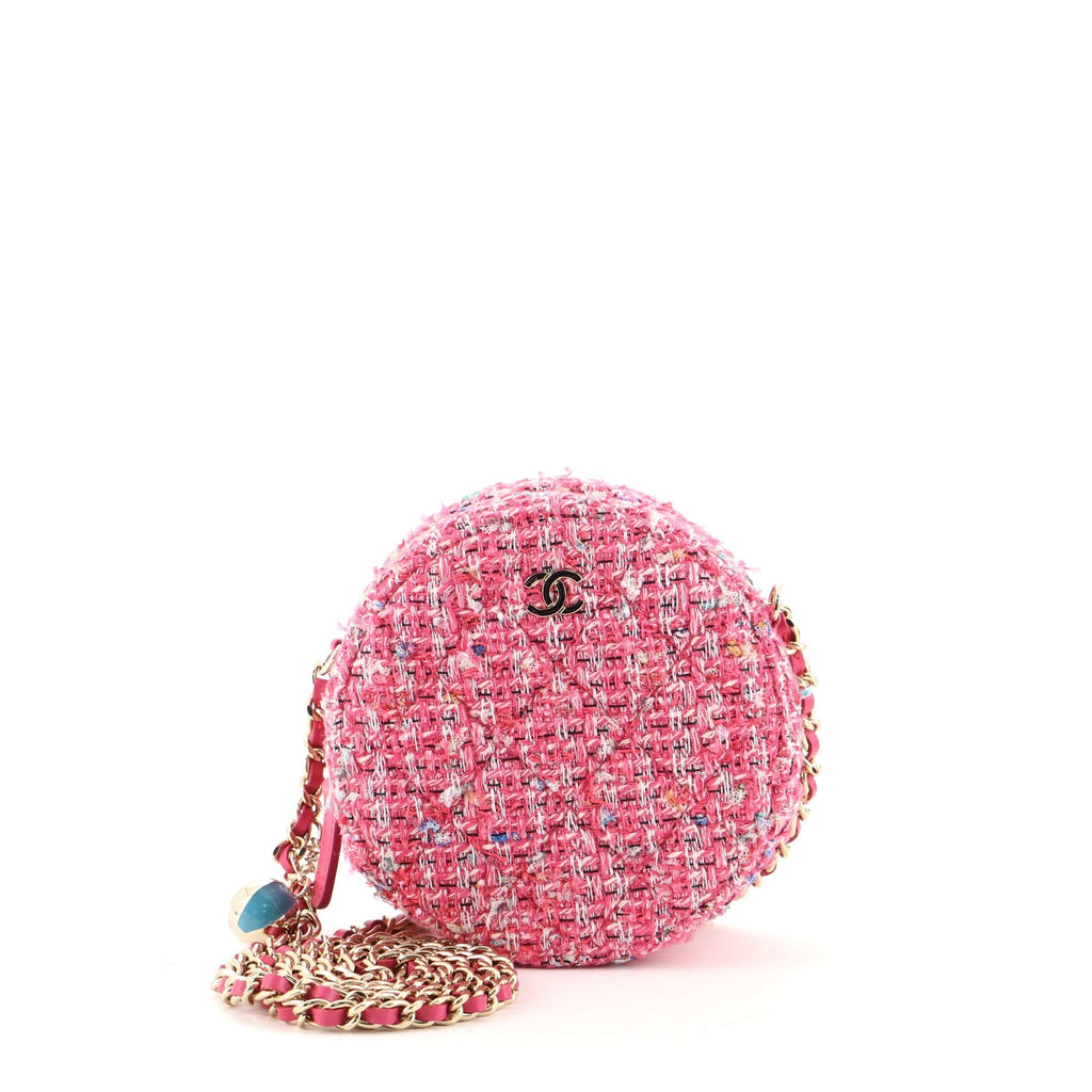 Charm Round Clutch with Chain Quilted Tweed