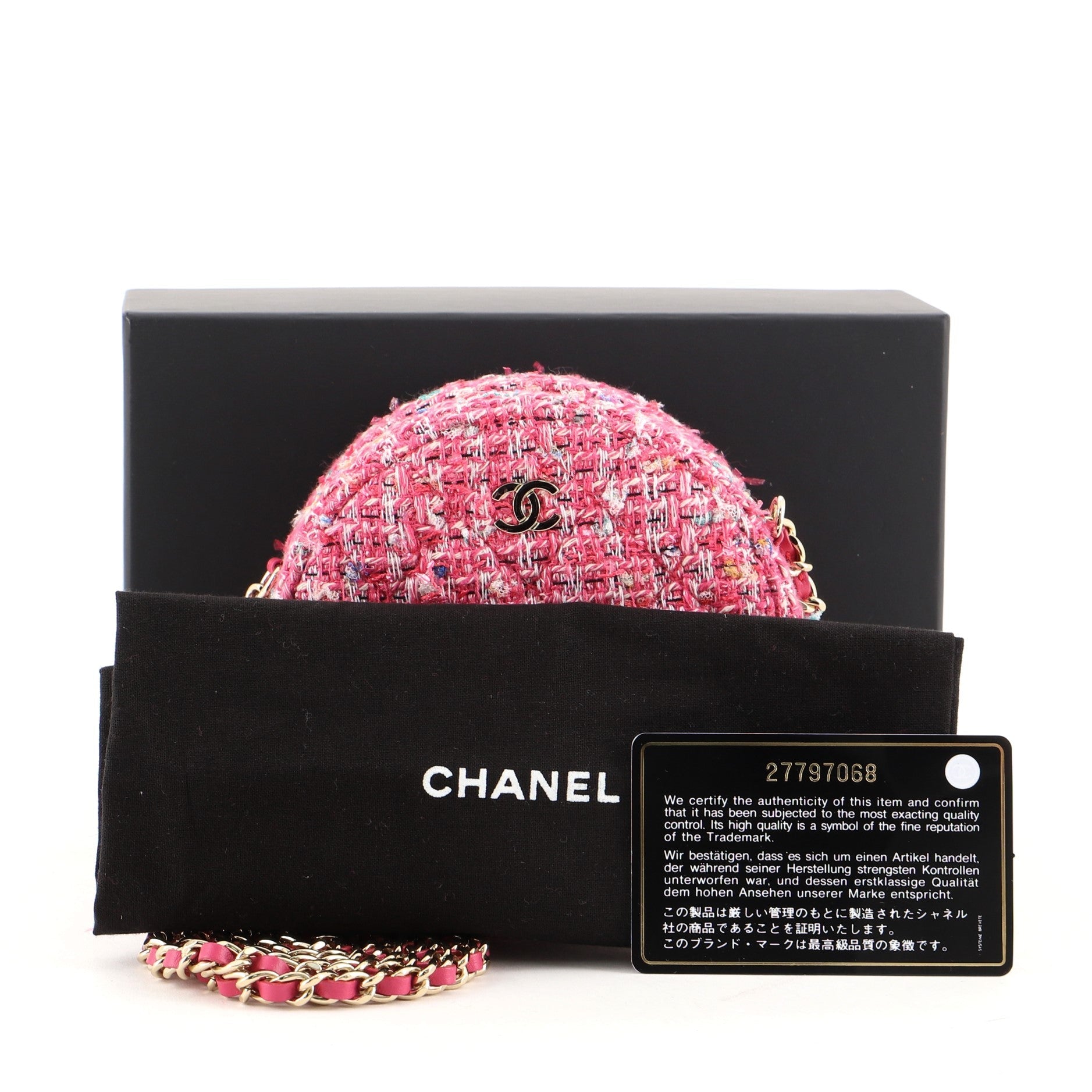Charm Round Clutch with Chain Quilted Tweed