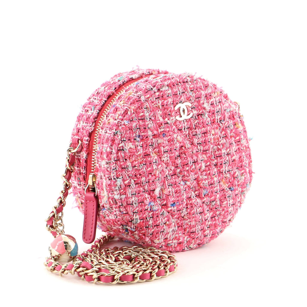 Charm Round Clutch with Chain Quilted Tweed