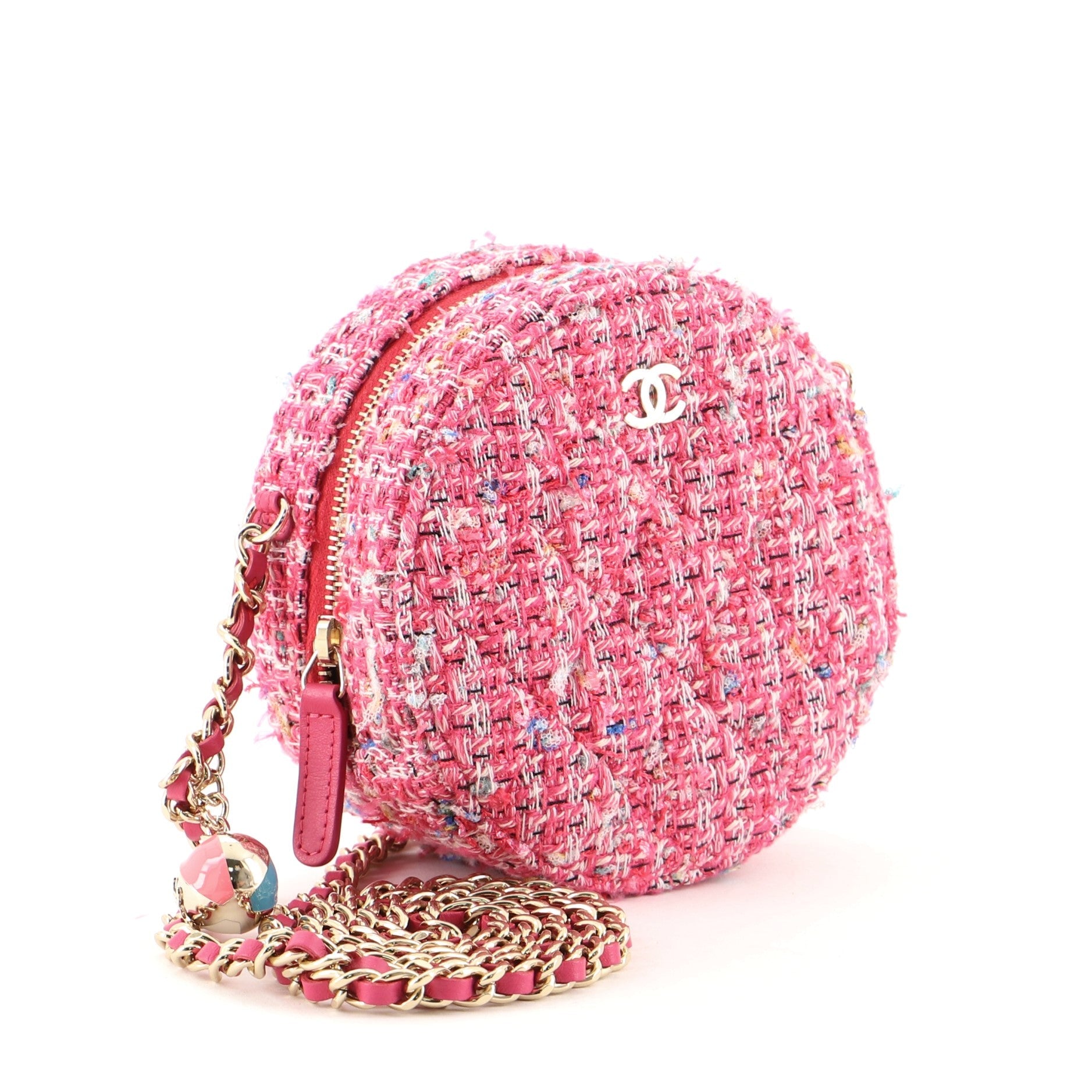 Charm Round Clutch with Chain Quilted Tweed