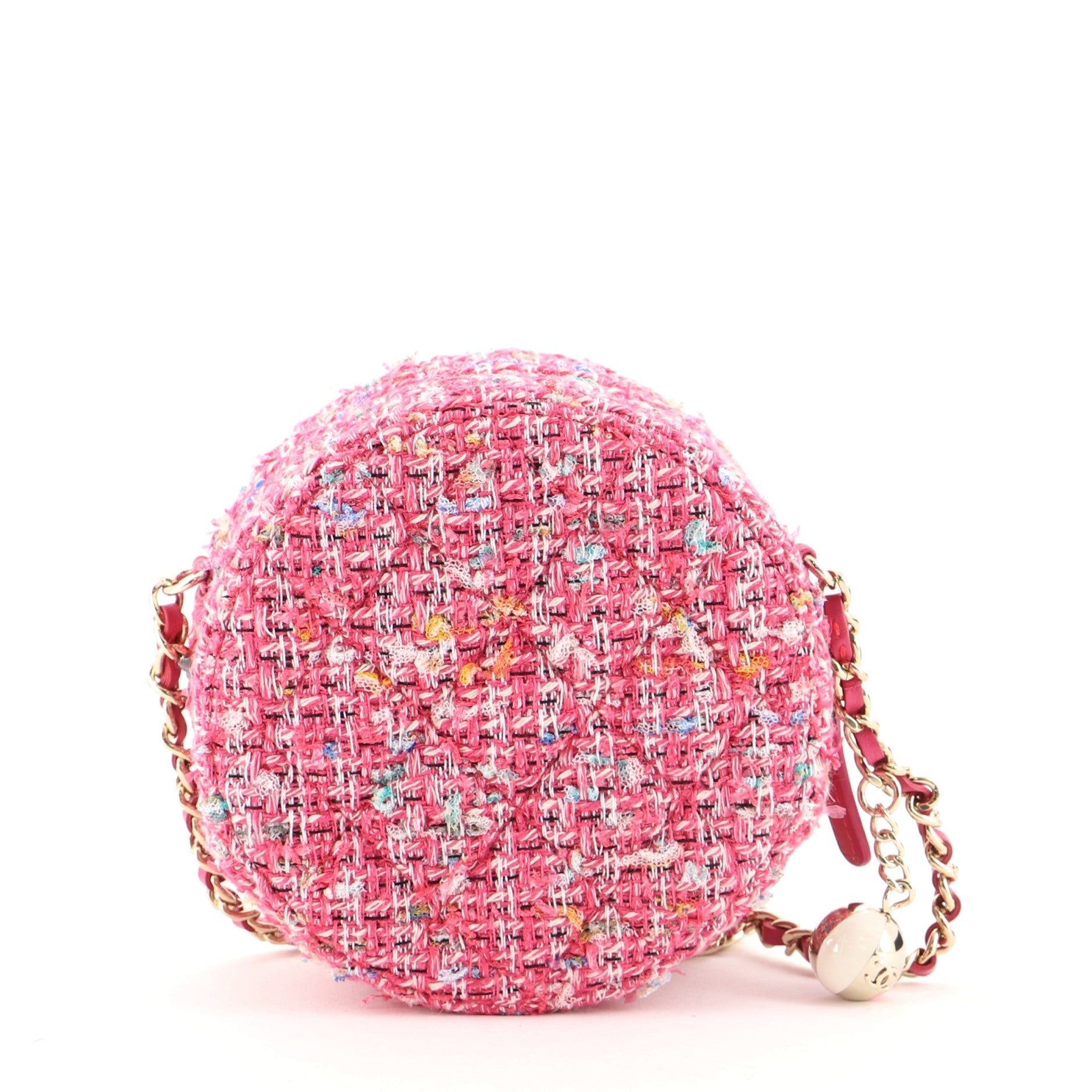 Charm Round Clutch with Chain Quilted Tweed