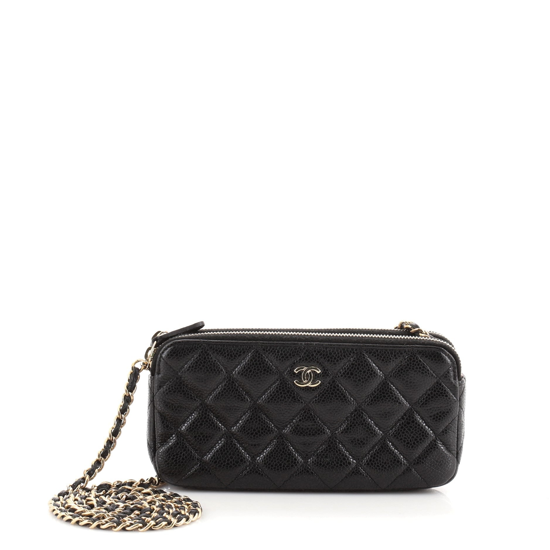 Double Zip Clutch with Chain Quilted Caviar