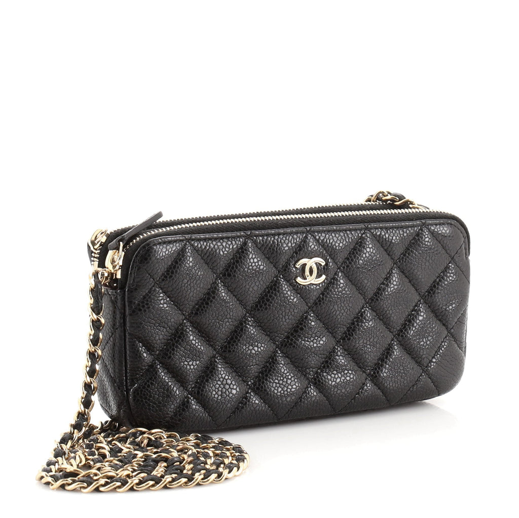 Double Zip Clutch with Chain Quilted Caviar