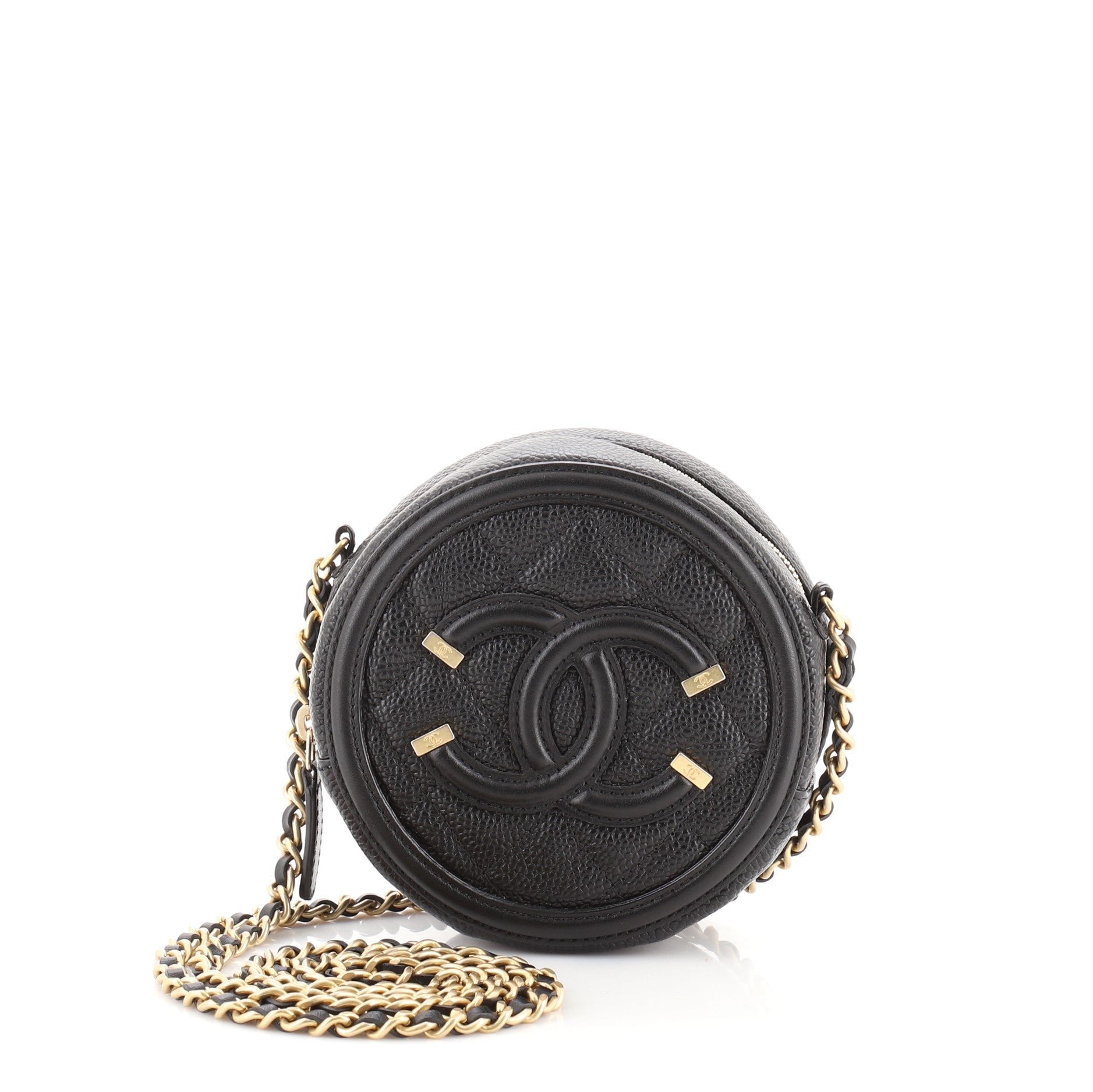 Filigree Round Clutch with Chain Quilted Caviar Mini