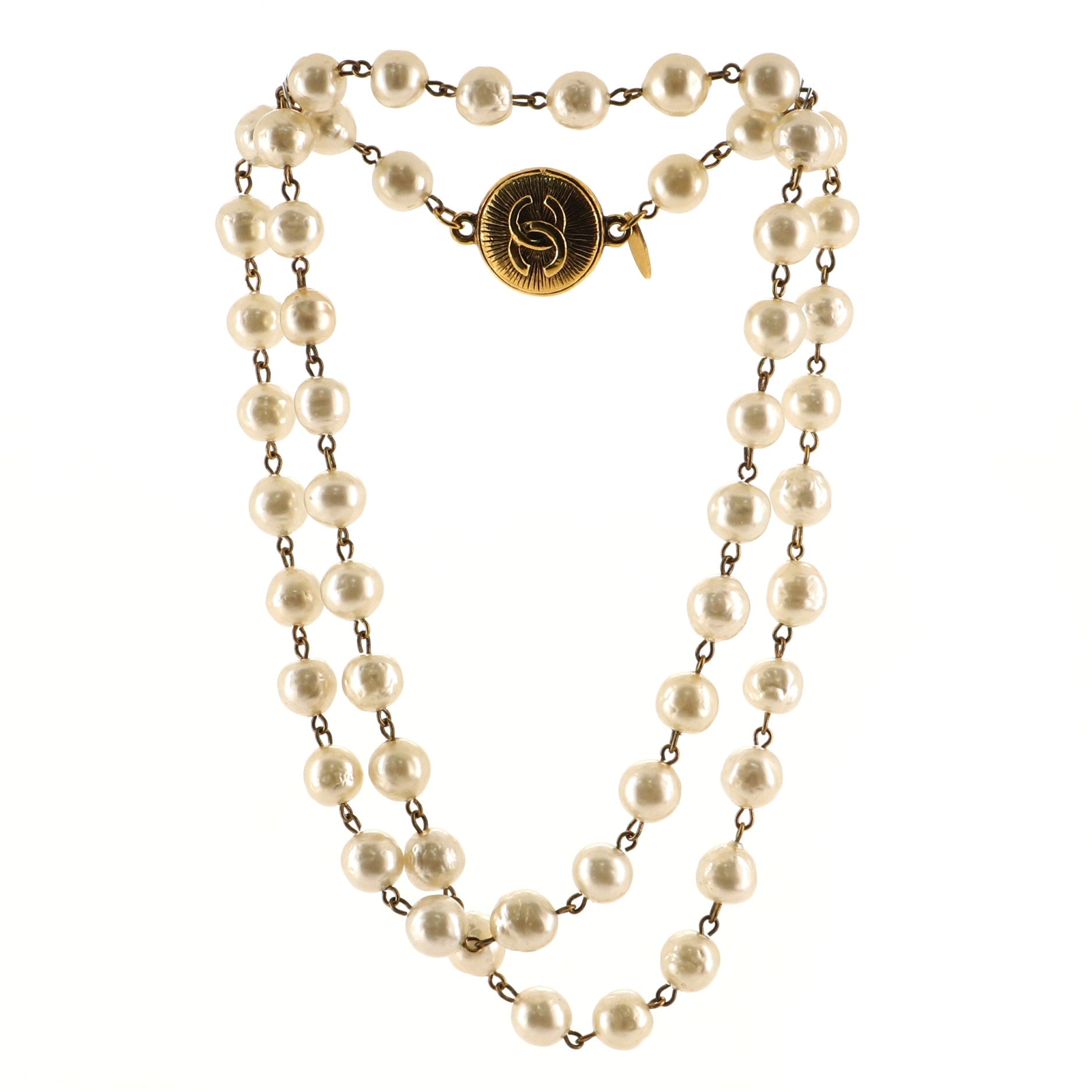 CC Long Necklace Faux Pearls and Metal