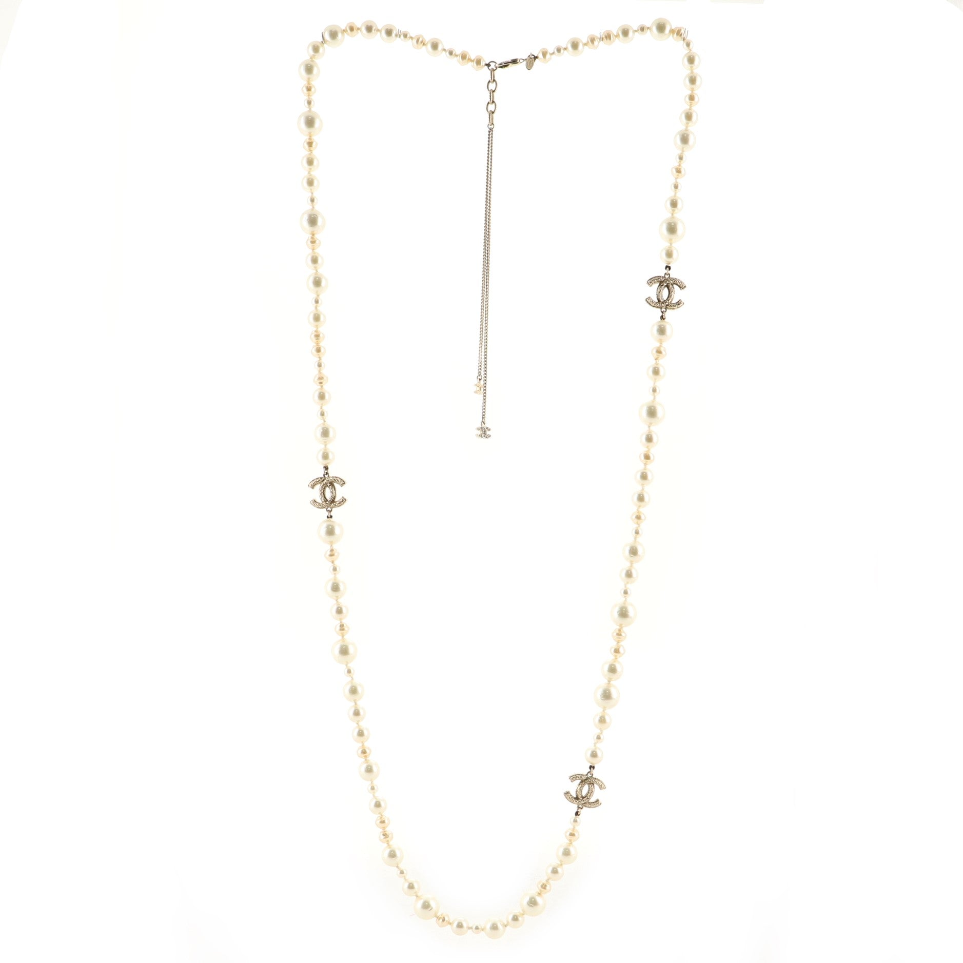 CC Long Necklace Faux Pearls and Metal