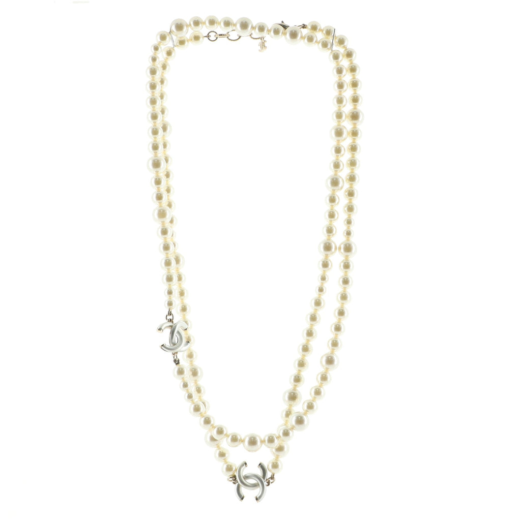 Double CC Long Necklace Faux Pearls and Metal