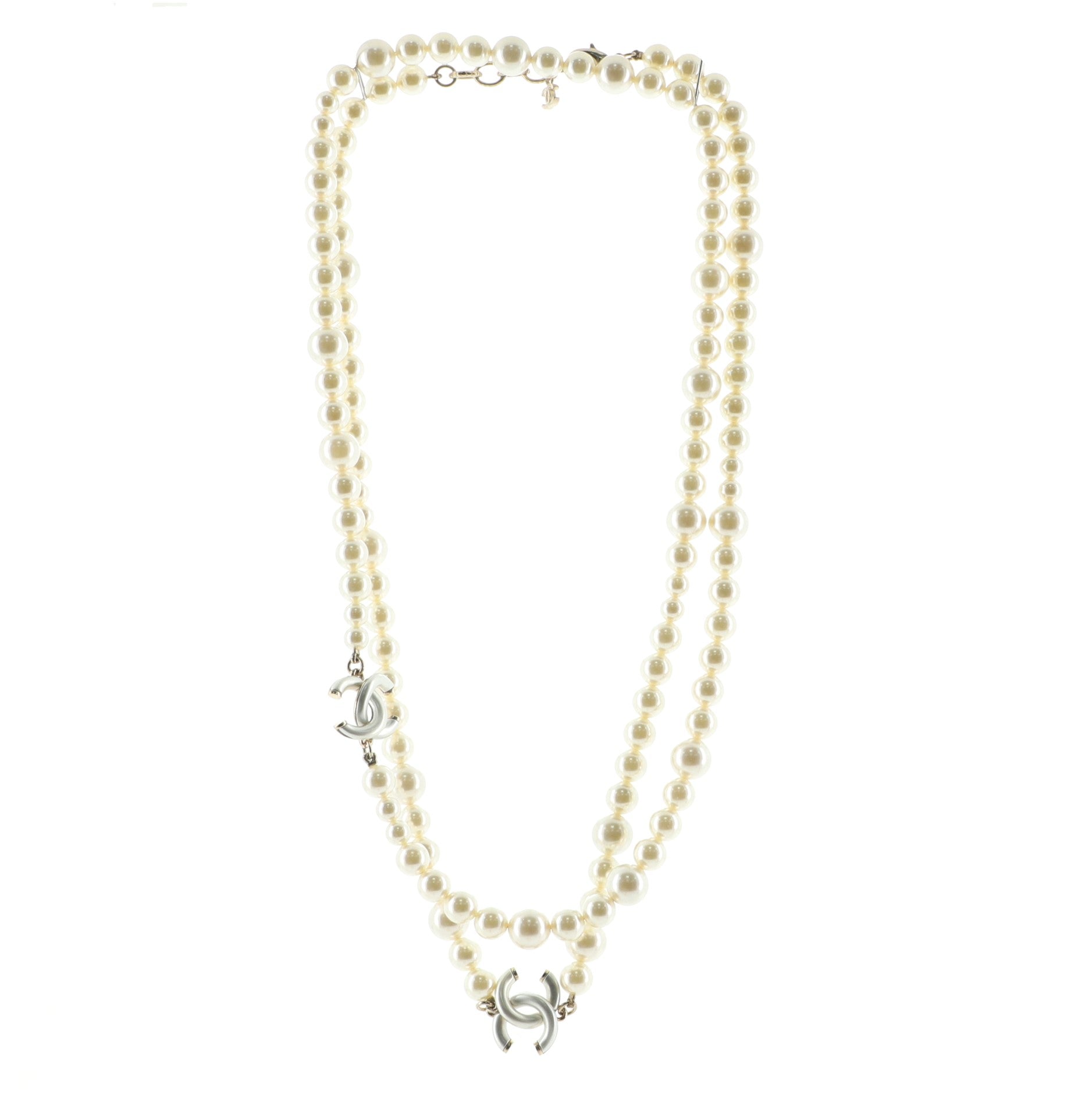 Double CC Long Necklace Faux Pearls and Metal