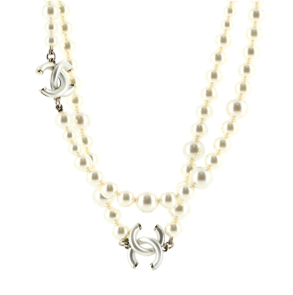 Double CC Long Necklace Faux Pearls and Metal