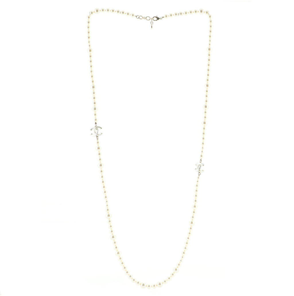 Double CC Long Necklace Faux Pearls and Metal