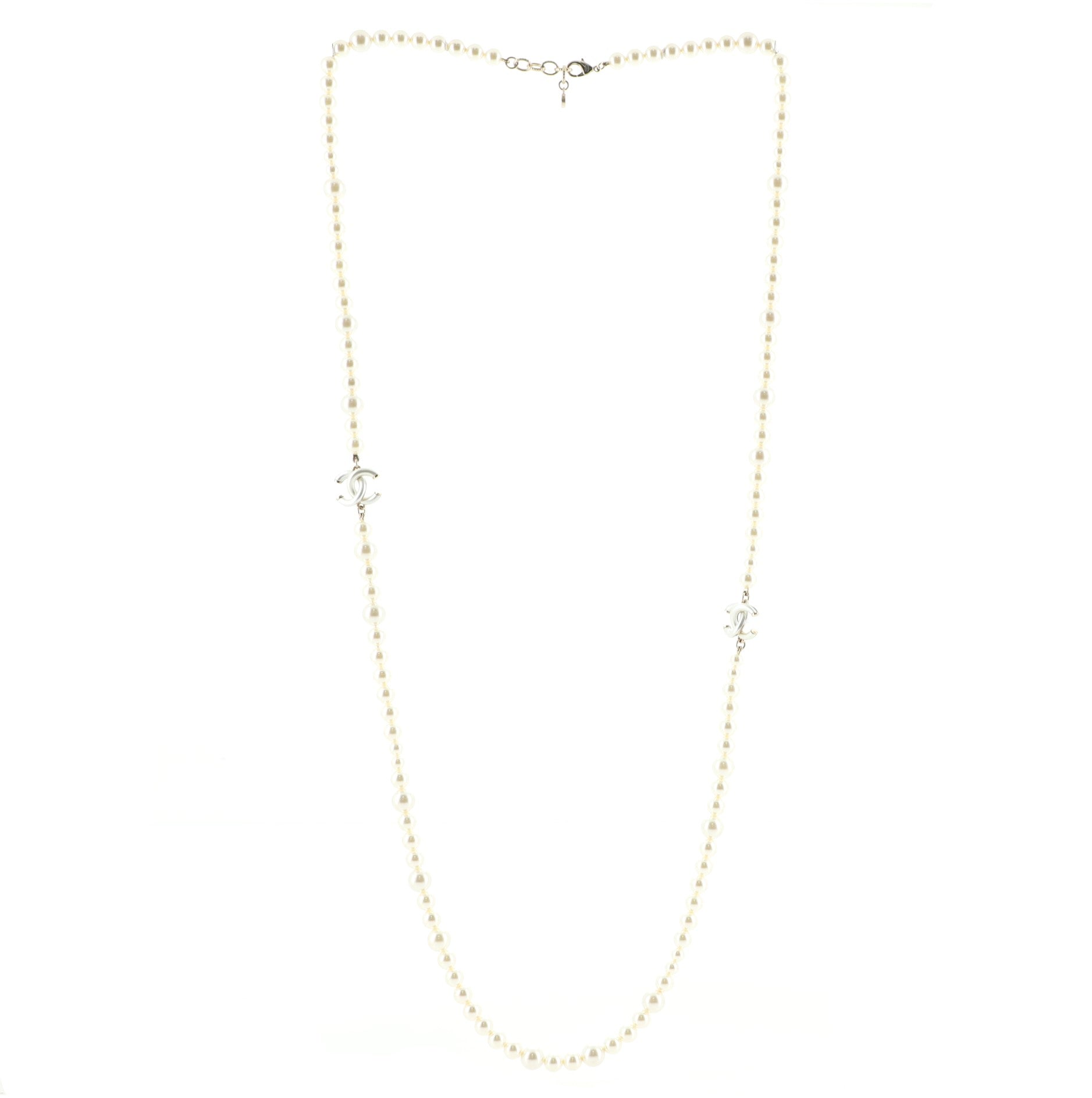Double CC Long Necklace Faux Pearls and Metal