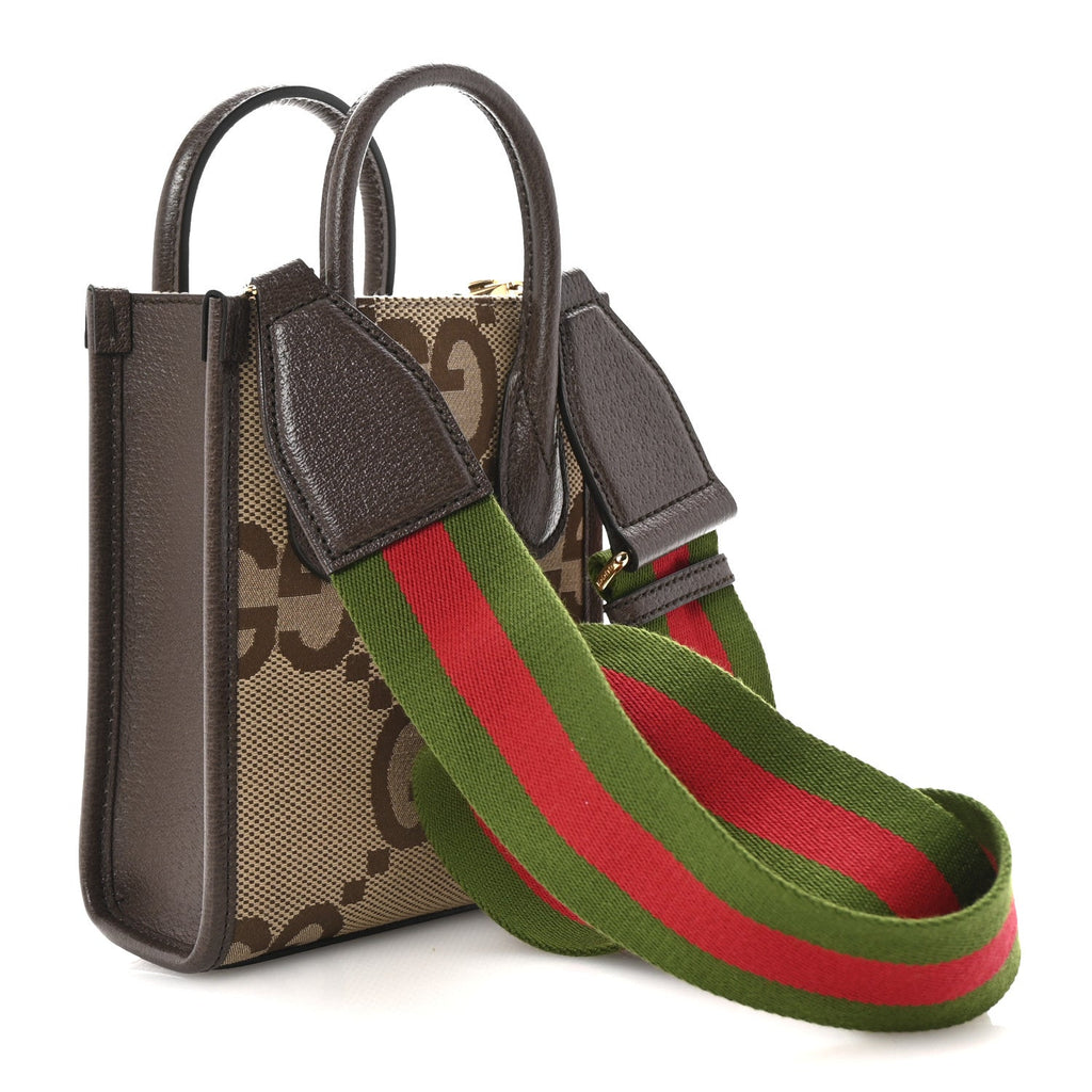 Monogram Jumbo GG Textured Dollar Calfskin Web Mini Vertical Tote Camel Ebony New Acero