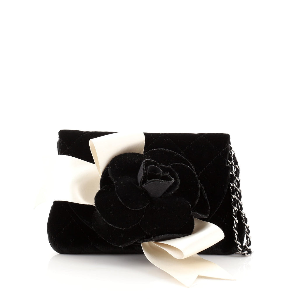Vintage Camellia Chain Flap Evening Bag Quilted Velvet Mini