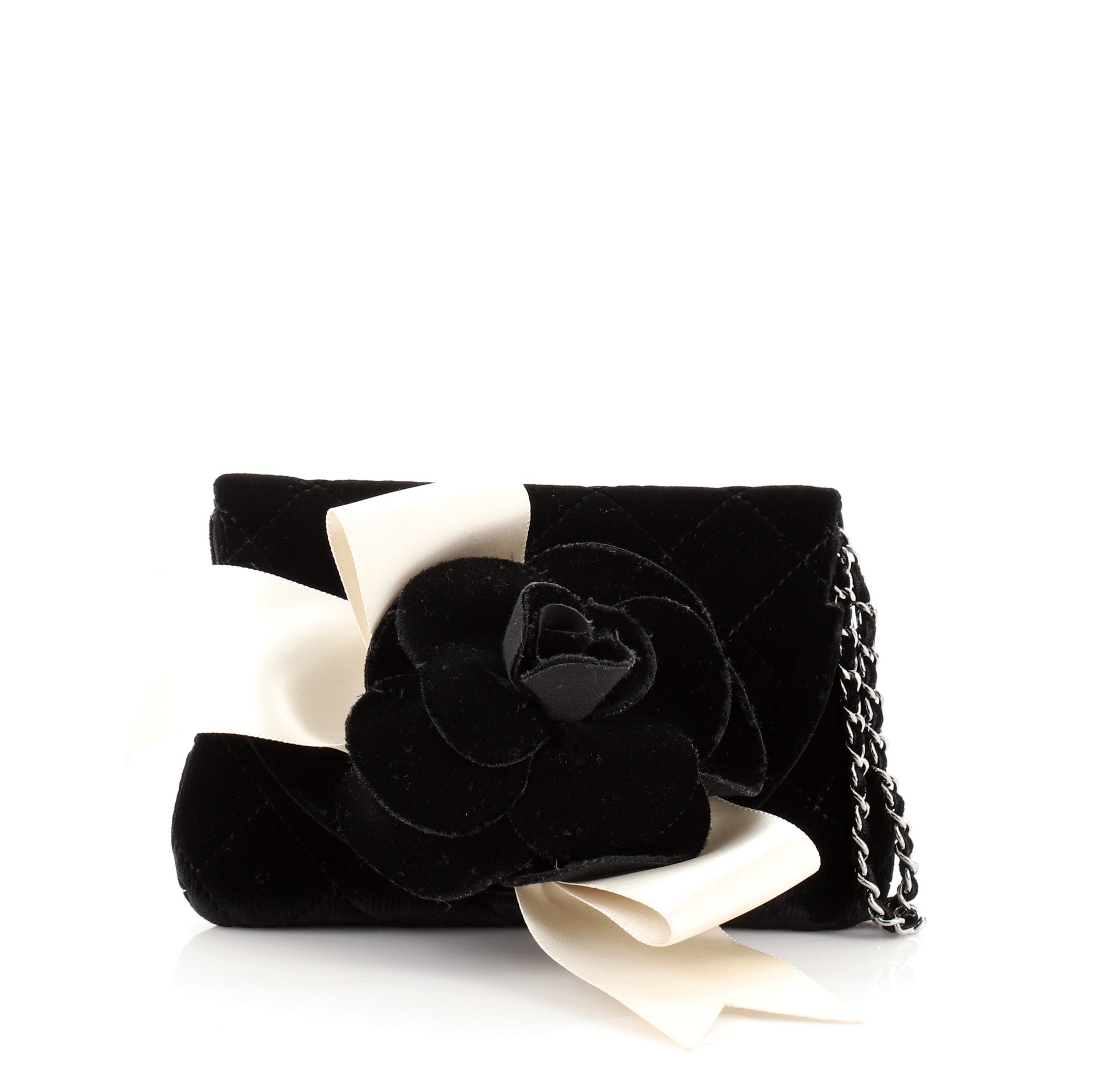 Vintage Camellia Chain Flap Evening Bag Quilted Velvet Mini