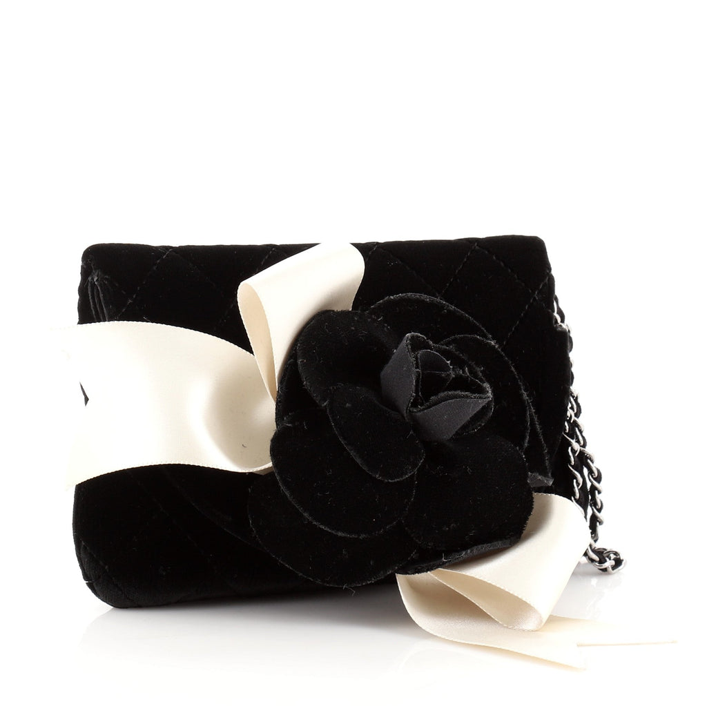 Vintage Camellia Chain Flap Evening Bag Quilted Velvet Mini