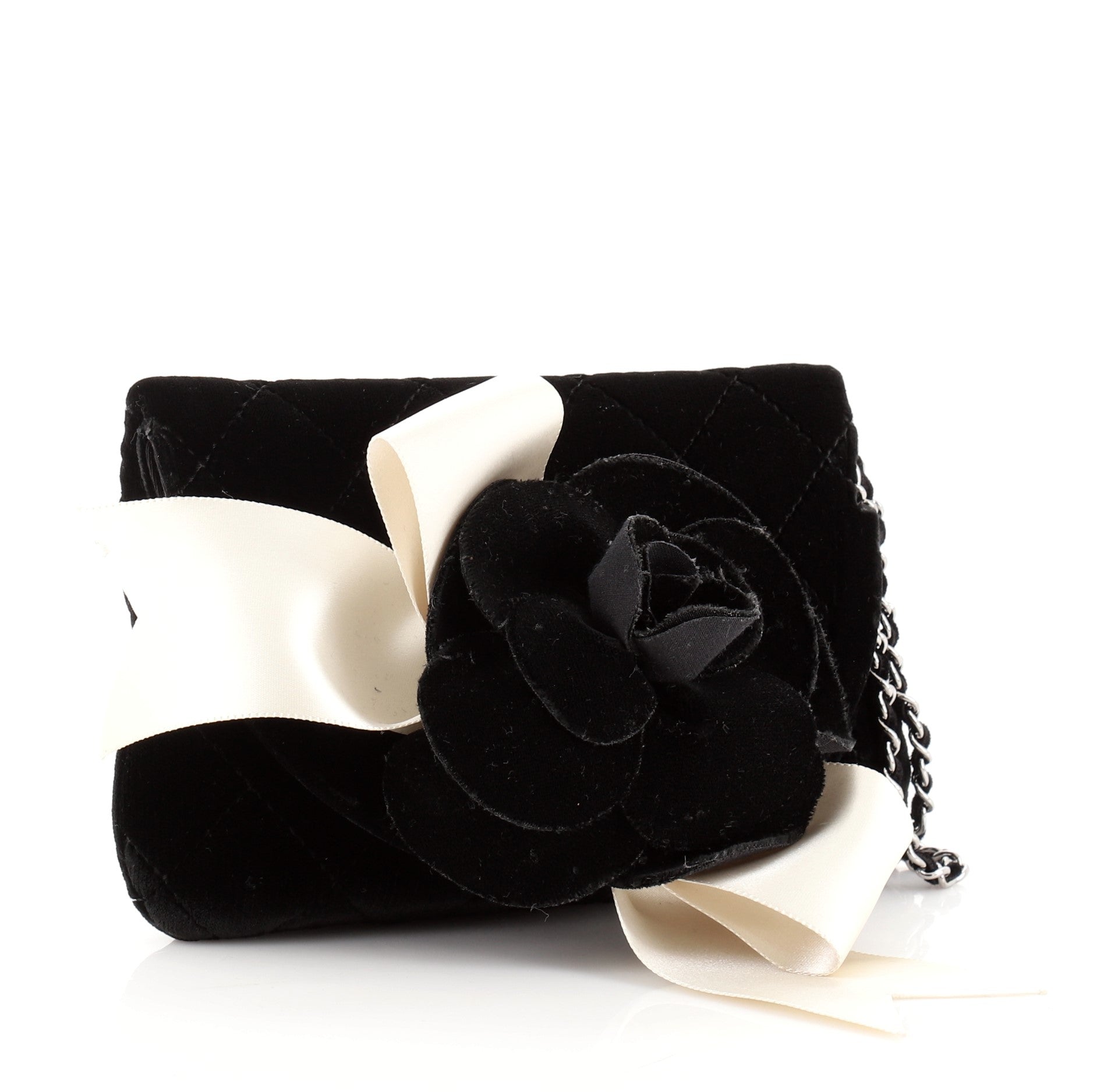 Vintage Camellia Chain Flap Evening Bag Quilted Velvet Mini
