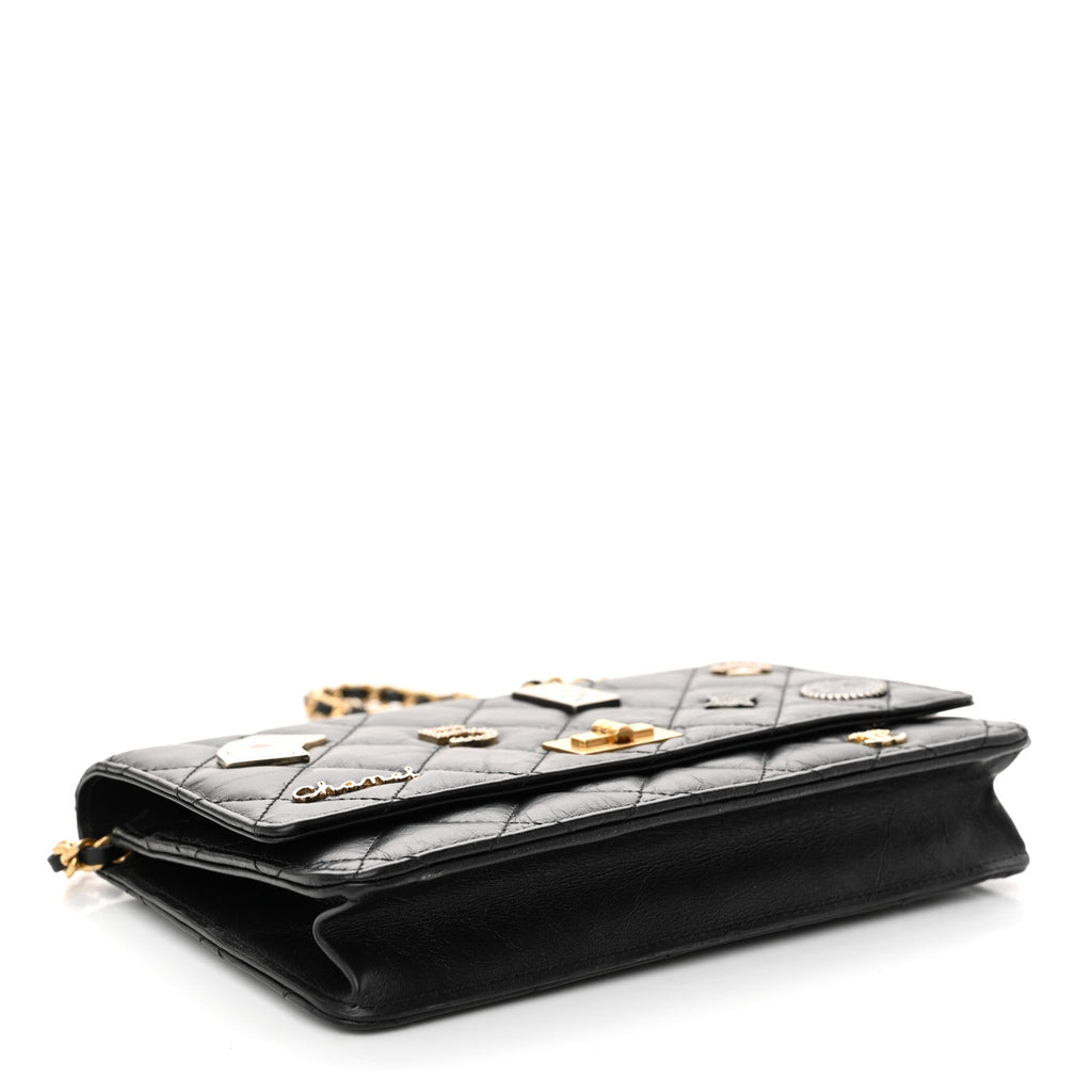 Aged Calfskin Lucky Charms Casino 2.55 Reissue Wallet on Chain WOC Black