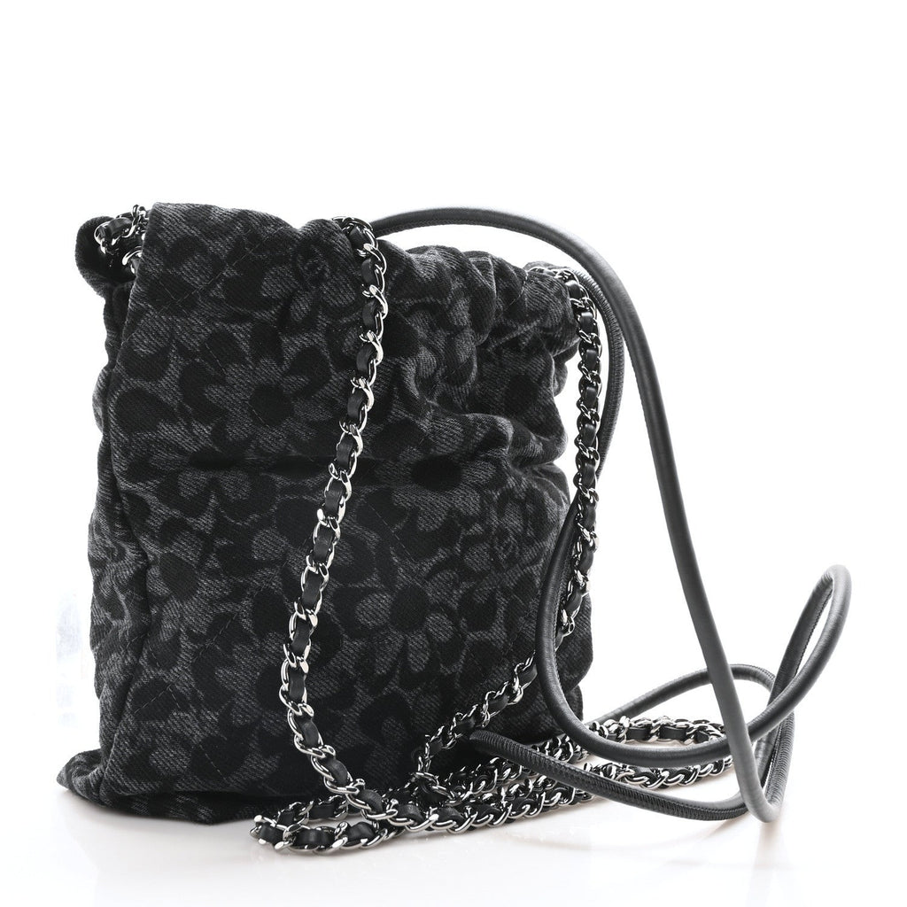 Denim Quilted Floral Print Mini Chanel 22 Black Grey