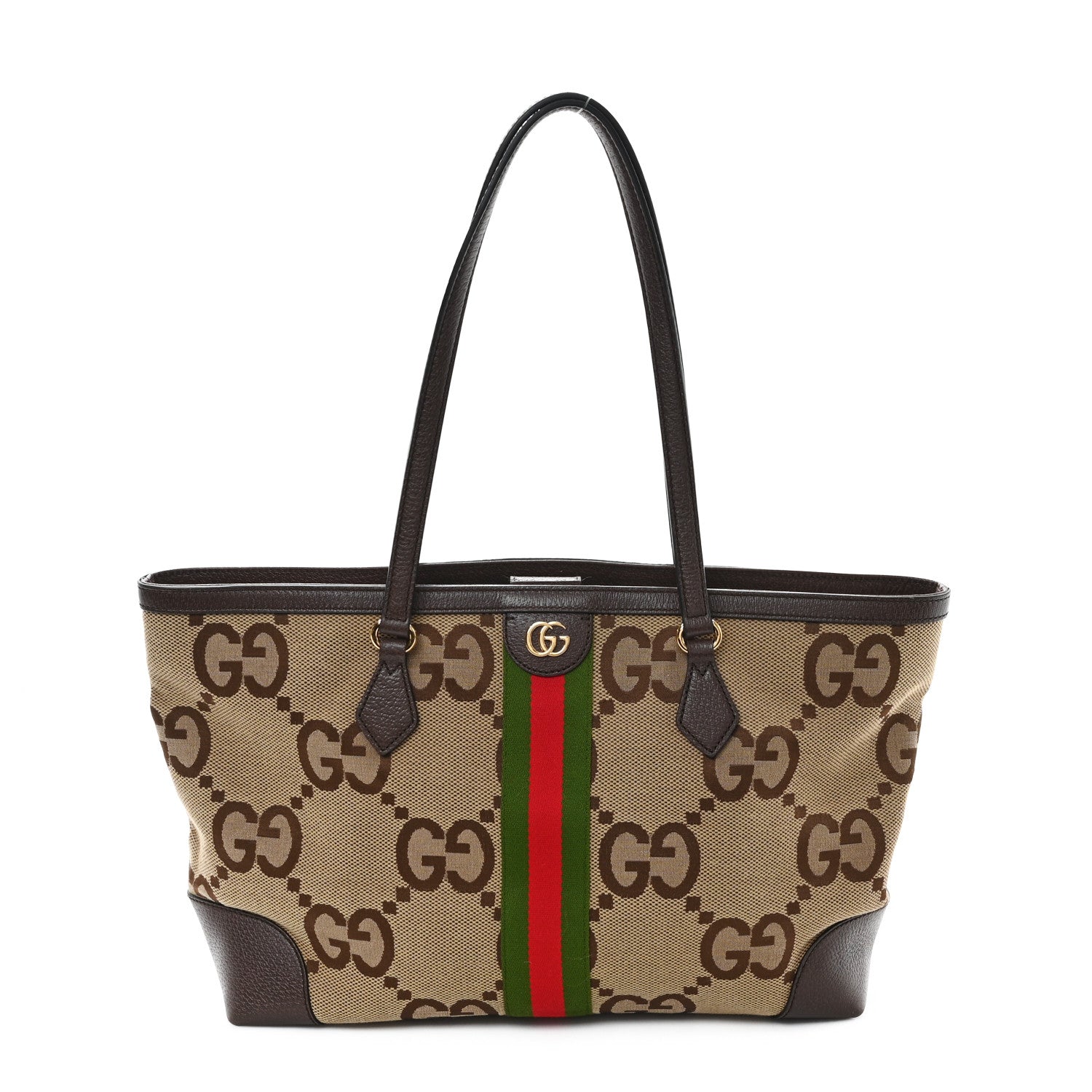 Monogram Jumbo GG Textured Dollar Calfskin Web Medium Ophidia Shopping Tote Camel Ebony