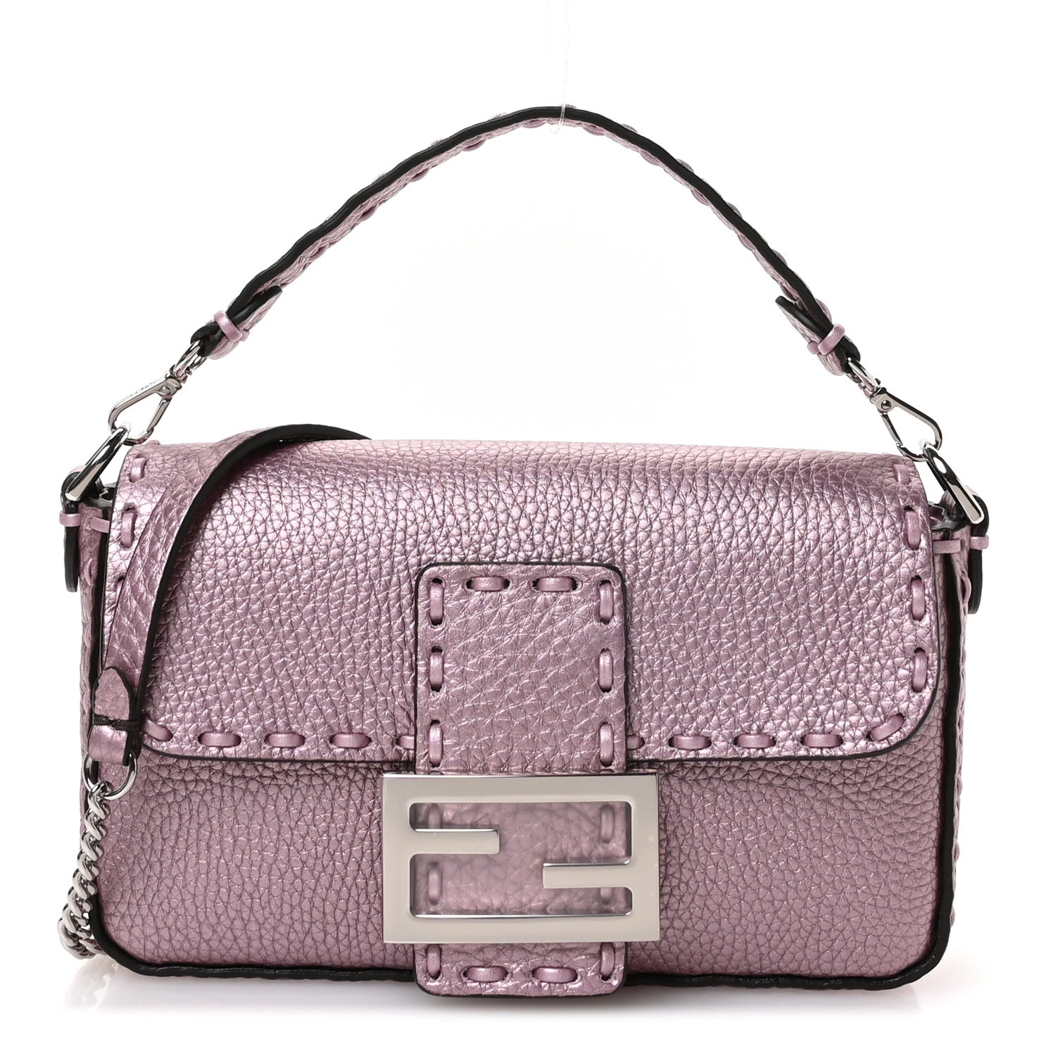 Metallic Cuoio Roma Sellerissima Nappa Sintetica Tape Stitch Mini Baguette Rosa Placca Argento