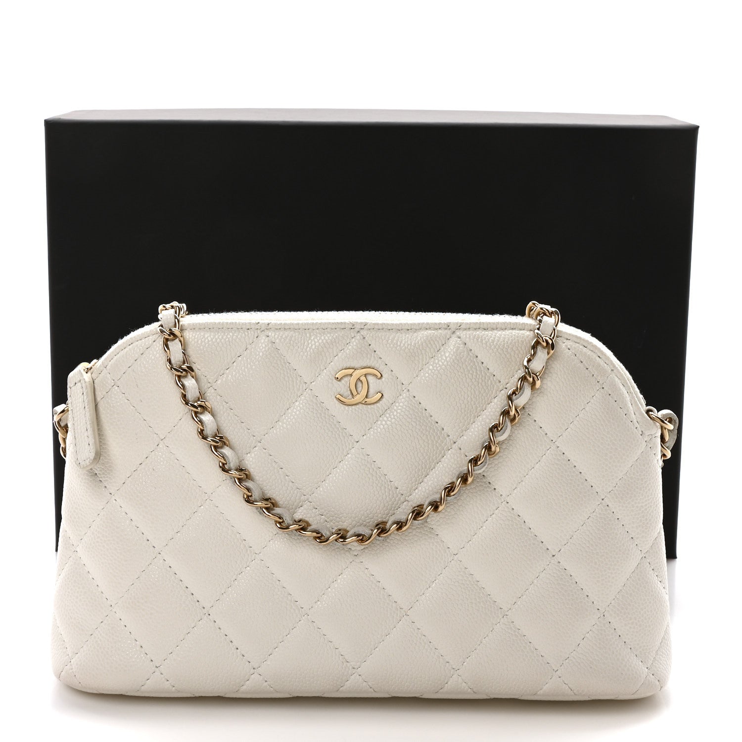 Caviar Quilted Classic Clutch With Chain White