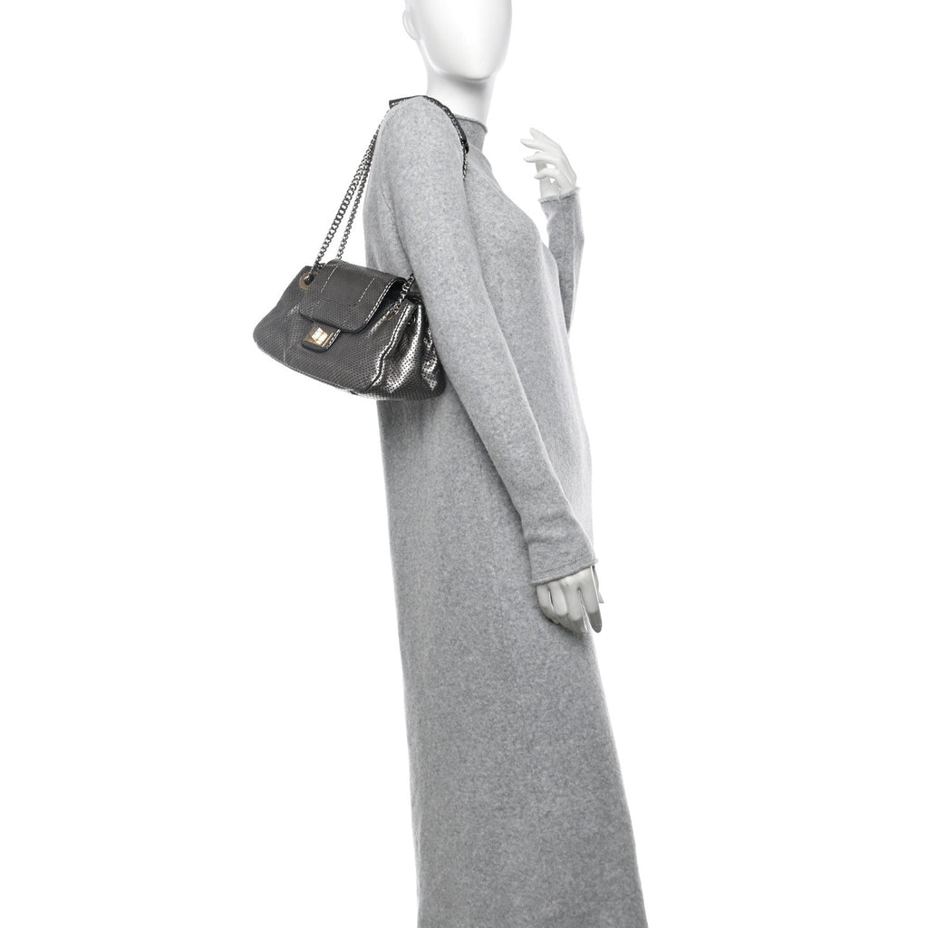 Metallic Crackled Calfskin Perforated Drill Shoulder Bag Silver